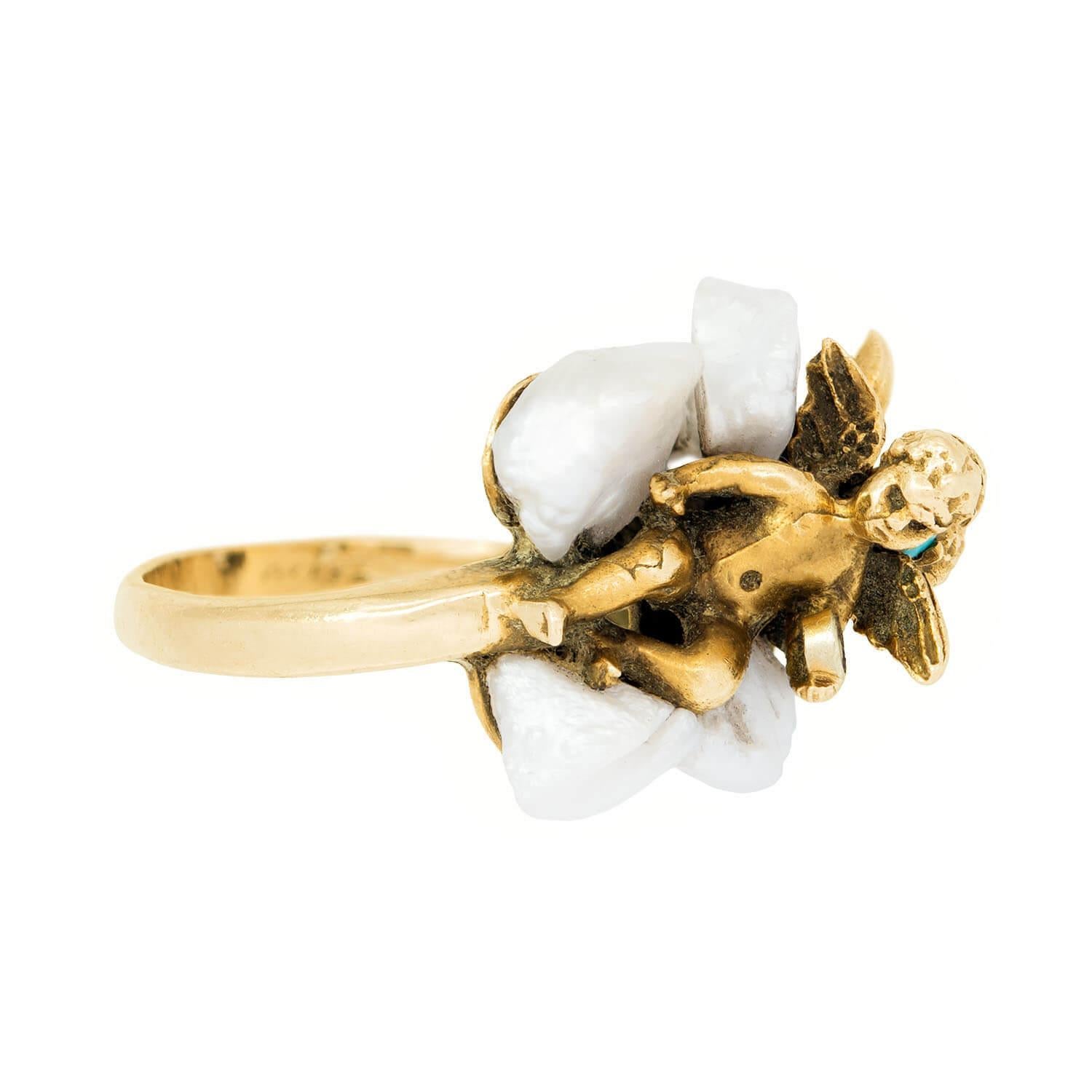 Rétro Retro 14k Turquoise, Diamond, and Pearl Cherub Ring in vendita