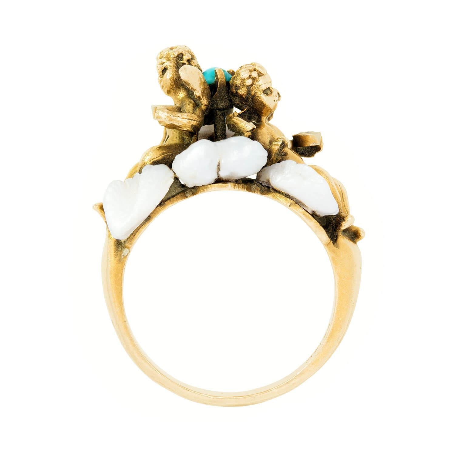Cabochon Retro 14k Turquoise, Diamond, and Pearl Cherub Ring in vendita