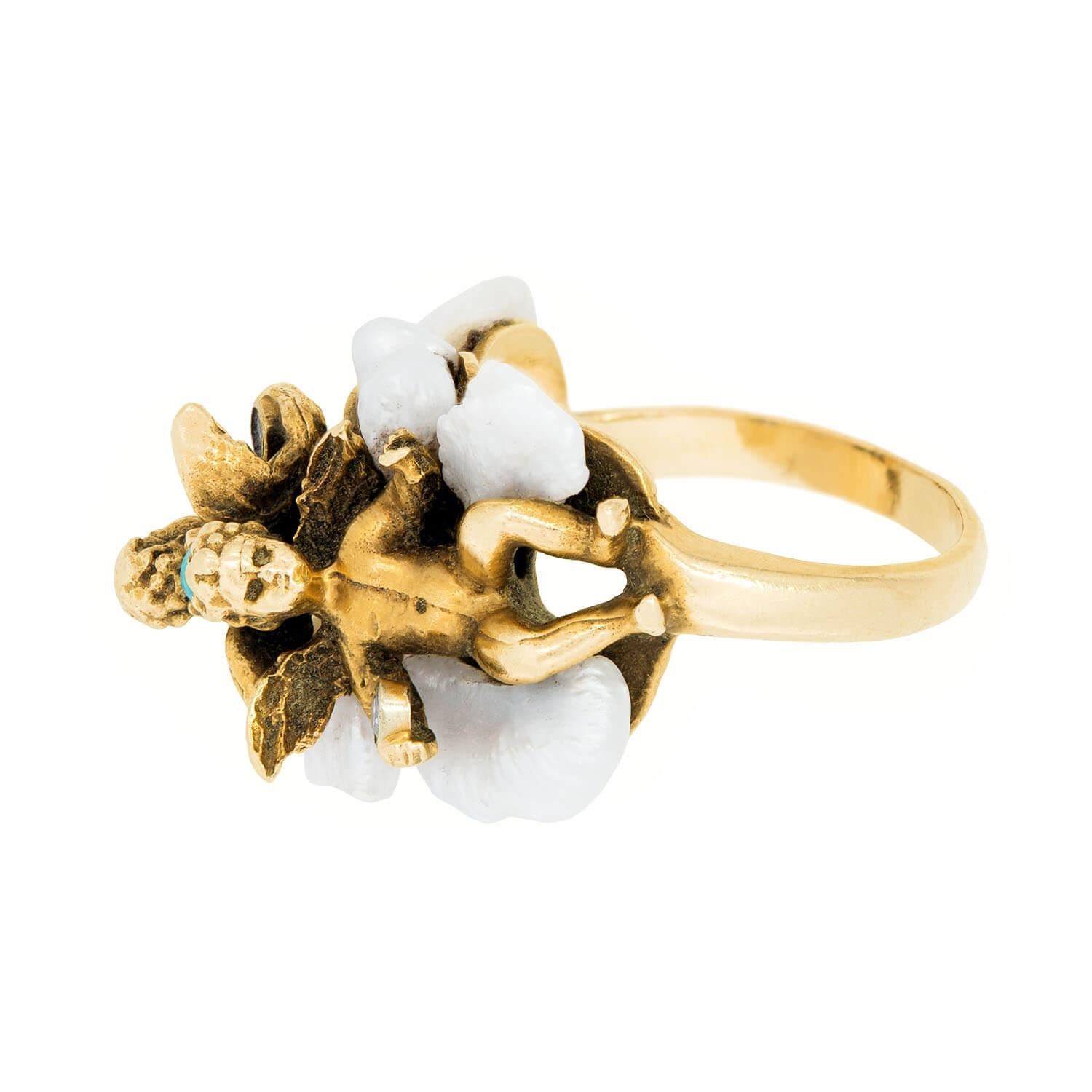 Retro 14k Turquoise, Diamond, and Pearl Cherub Ring In condizioni buone in vendita a Narberth, PA