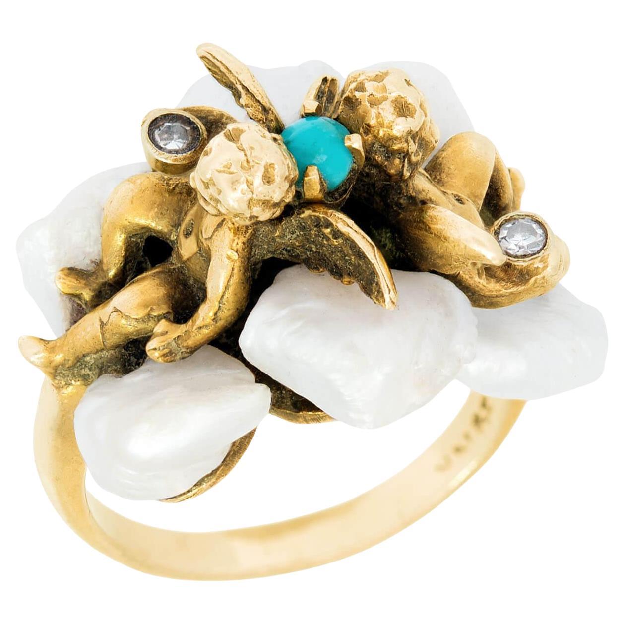 Retro 14k Turquoise, Diamond, and Pearl Cherub Ring
