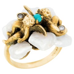 Retro 14k Turquoise, Diamond, and Pearl Cherub Ring