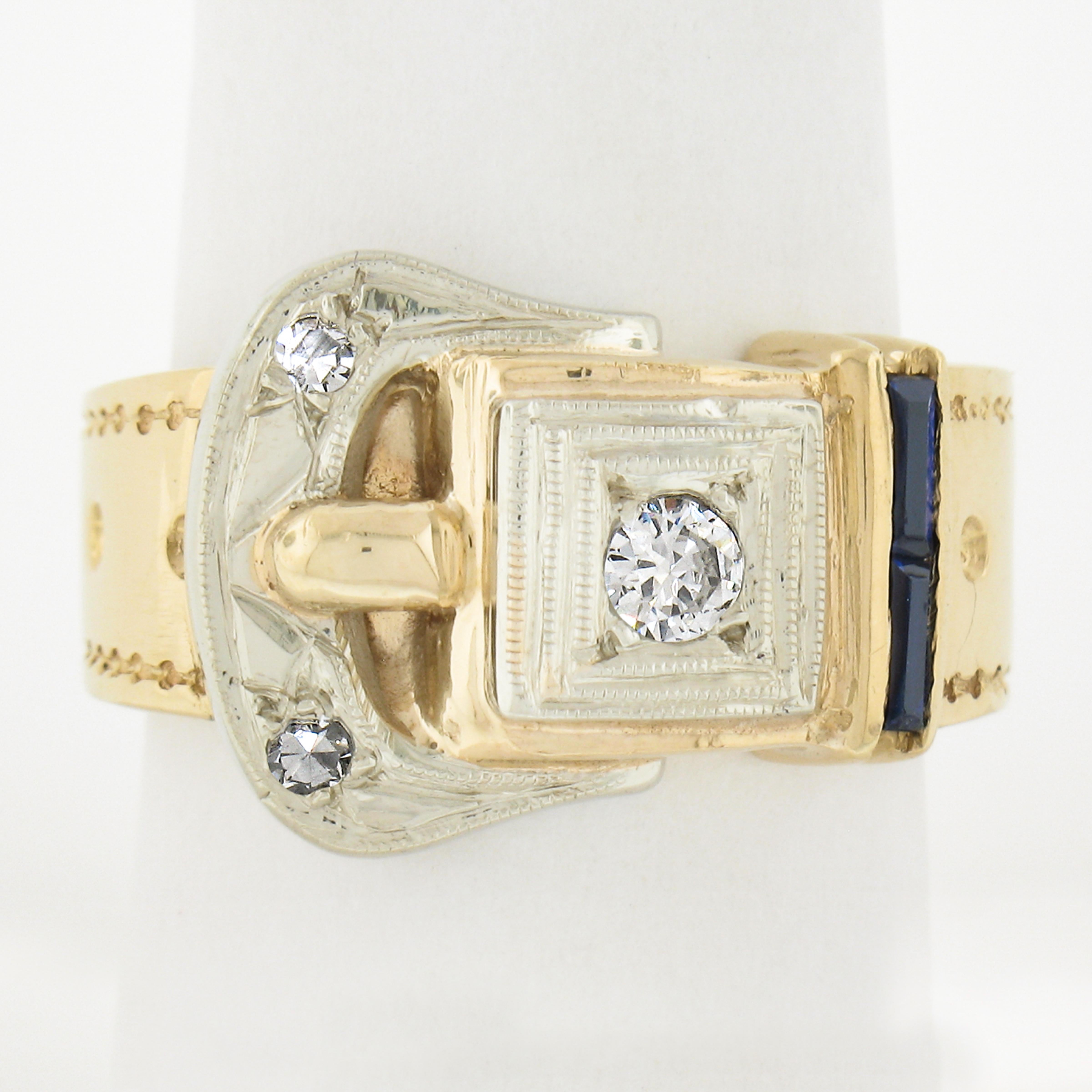 This retro vintage ring is crafted in solid 14k yellow gold with white gold accents in a buckle design. This is a very well made ring that is ready to wear and is guaranteed to please. Enjoy :)

--Stone(s):--
(2) Synthetic Sapphire - Baguette Cut -