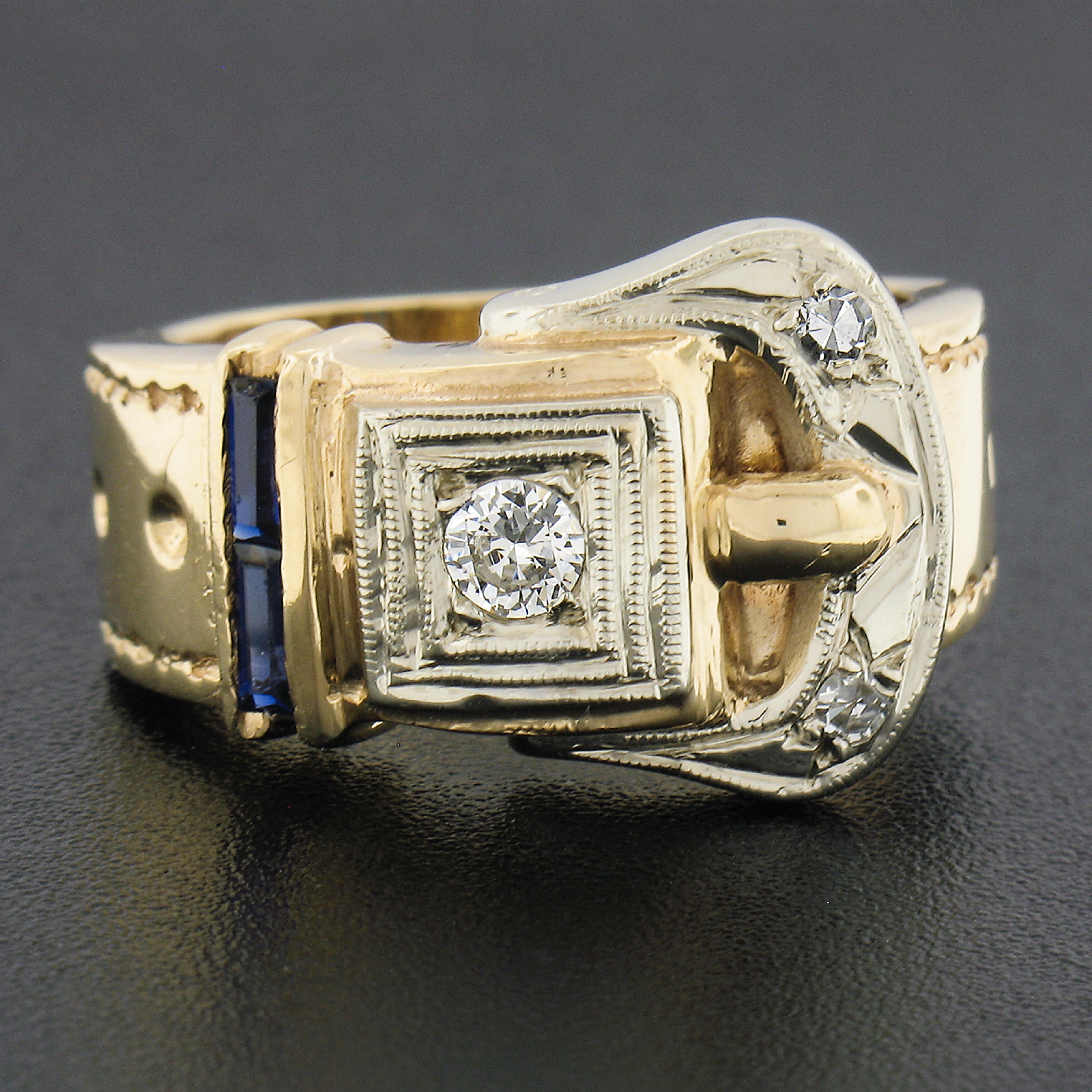 Retro 14k Two Tone Gold 0.22ctw Baguette Cut Sapphire & Diamond Buckle Band Ring In Excellent Condition For Sale In Montclair, NJ