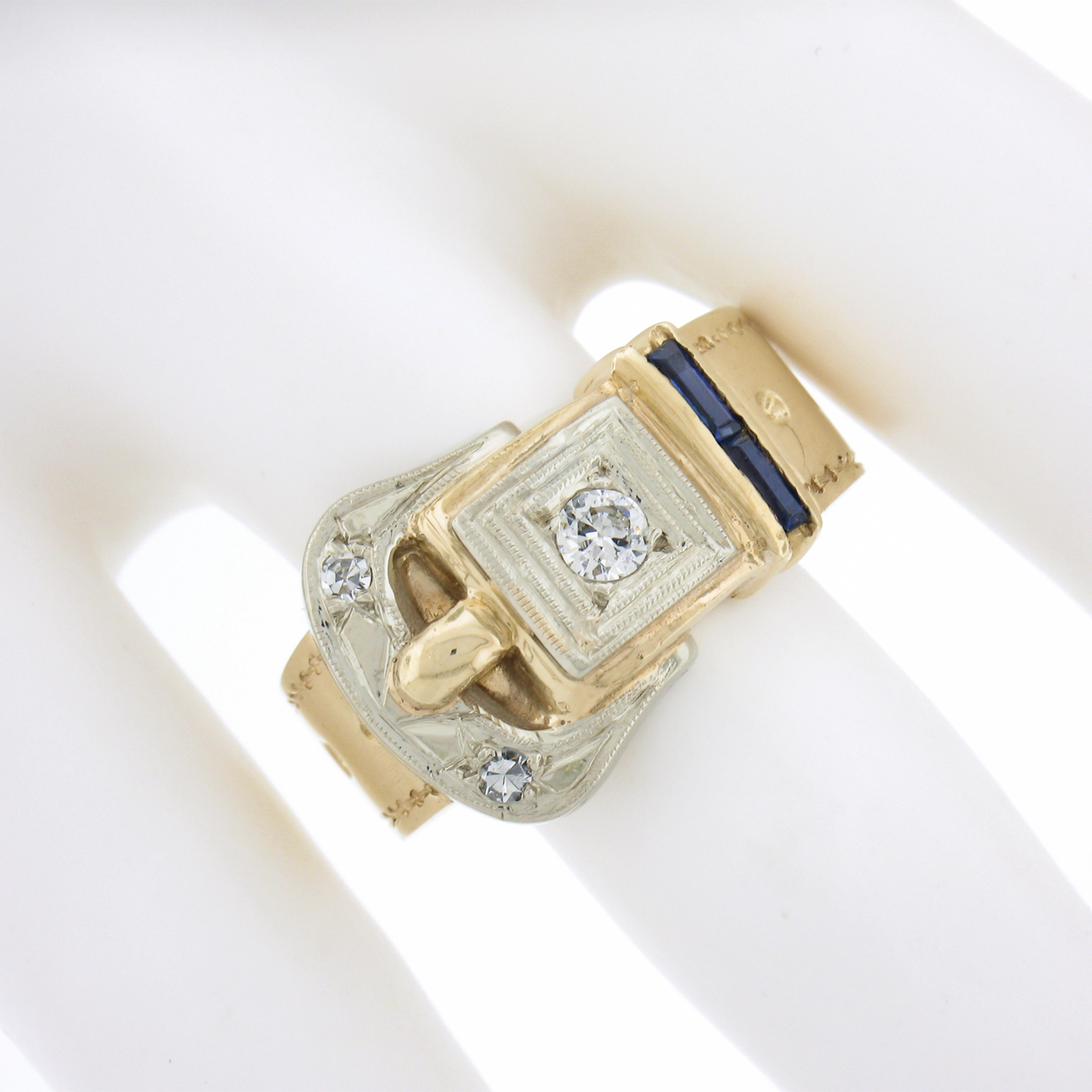 Women's or Men's Retro 14k Two Tone Gold 0.22ctw Baguette Cut Sapphire & Diamond Buckle Band Ring For Sale