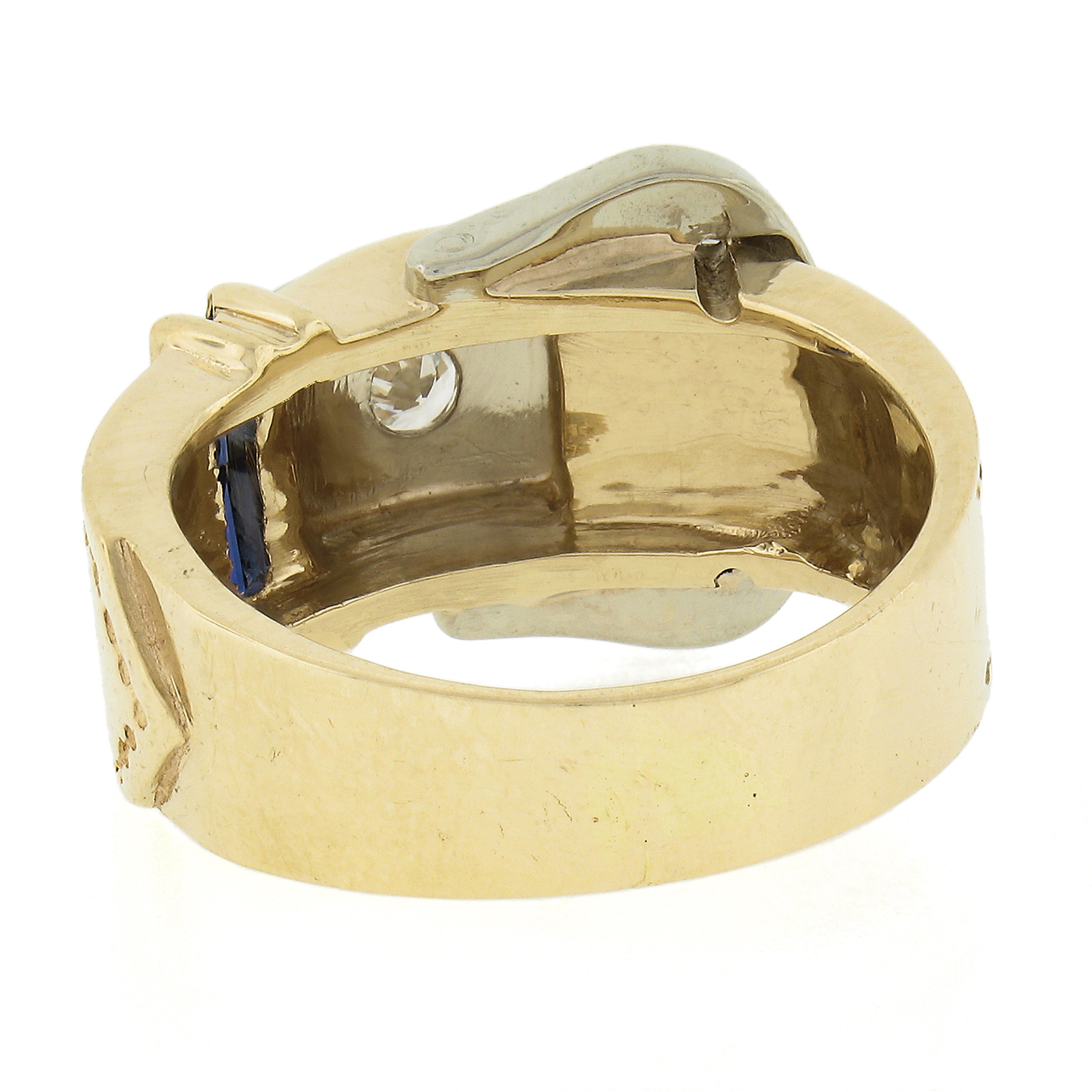 Retro 14k Two Tone Gold 0.22ctw Baguette Cut Sapphire & Diamond Buckle Band Ring For Sale 2