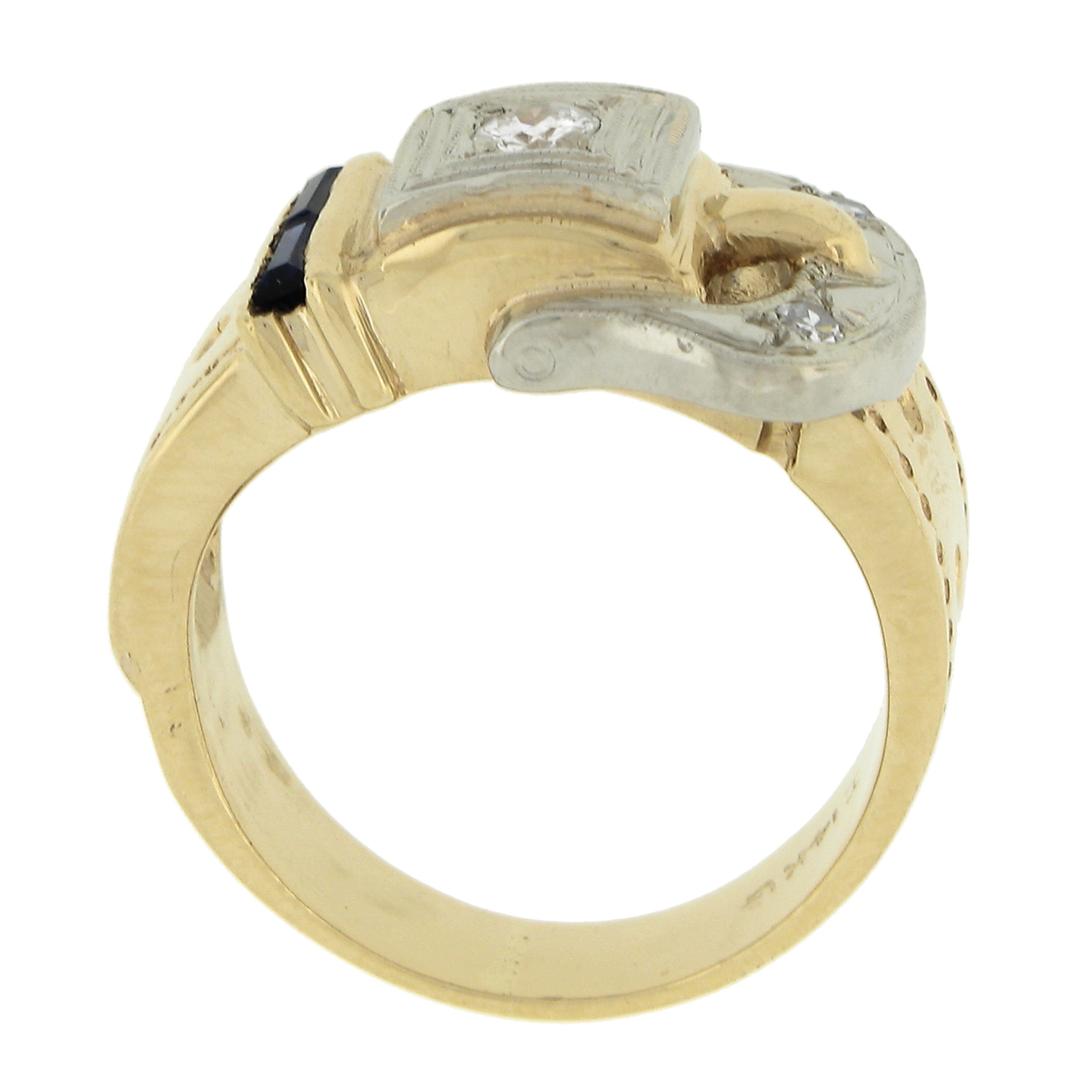Retro 14k Two Tone Gold 0.22ctw Baguette Cut Sapphire & Diamond Buckle Band Ring For Sale 3