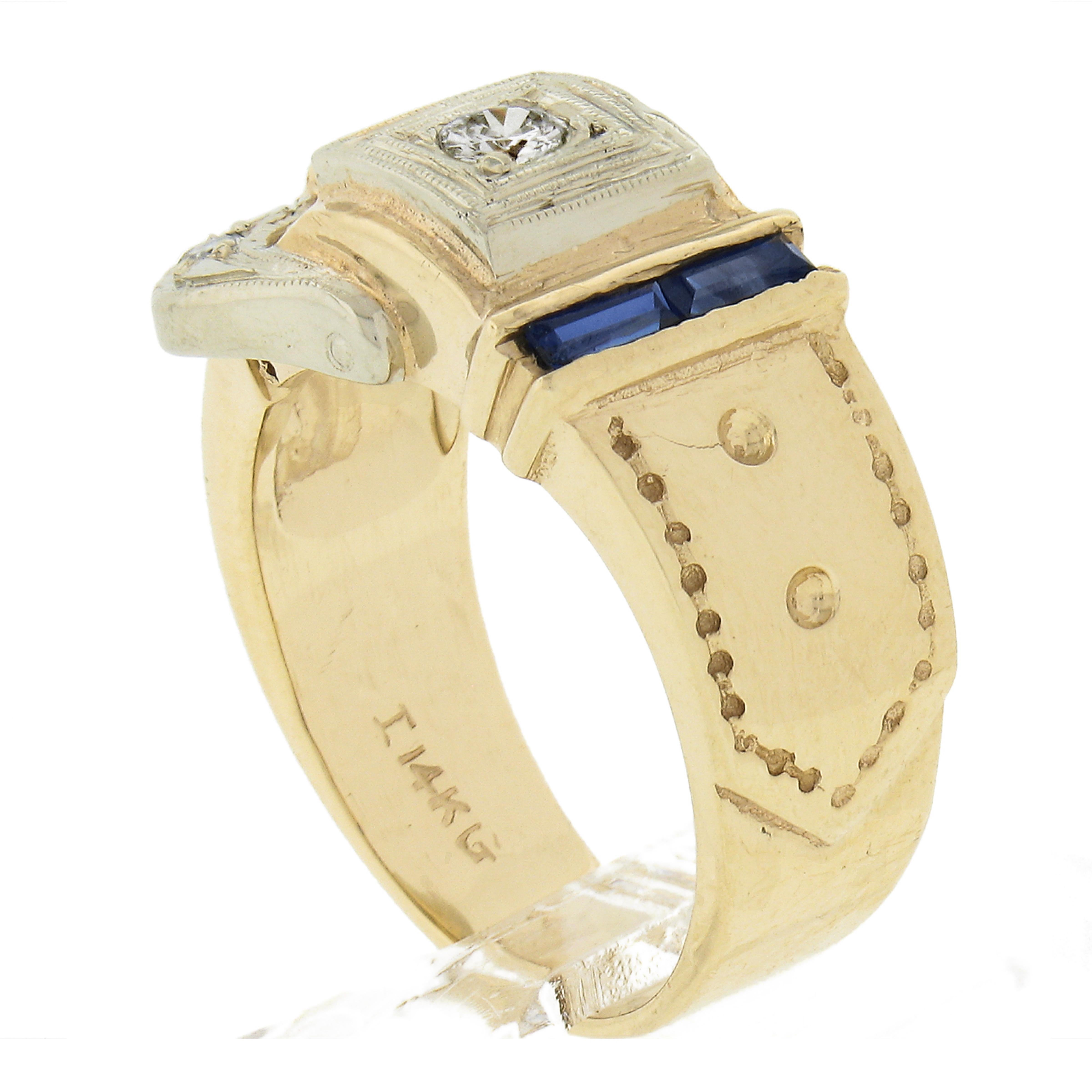 Retro 14k Two Tone Gold 0.22ctw Baguette Cut Sapphire & Diamond Buckle Band Ring For Sale 4