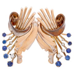 Broche rétro en or bicolore 14 carats, saphir et diamants