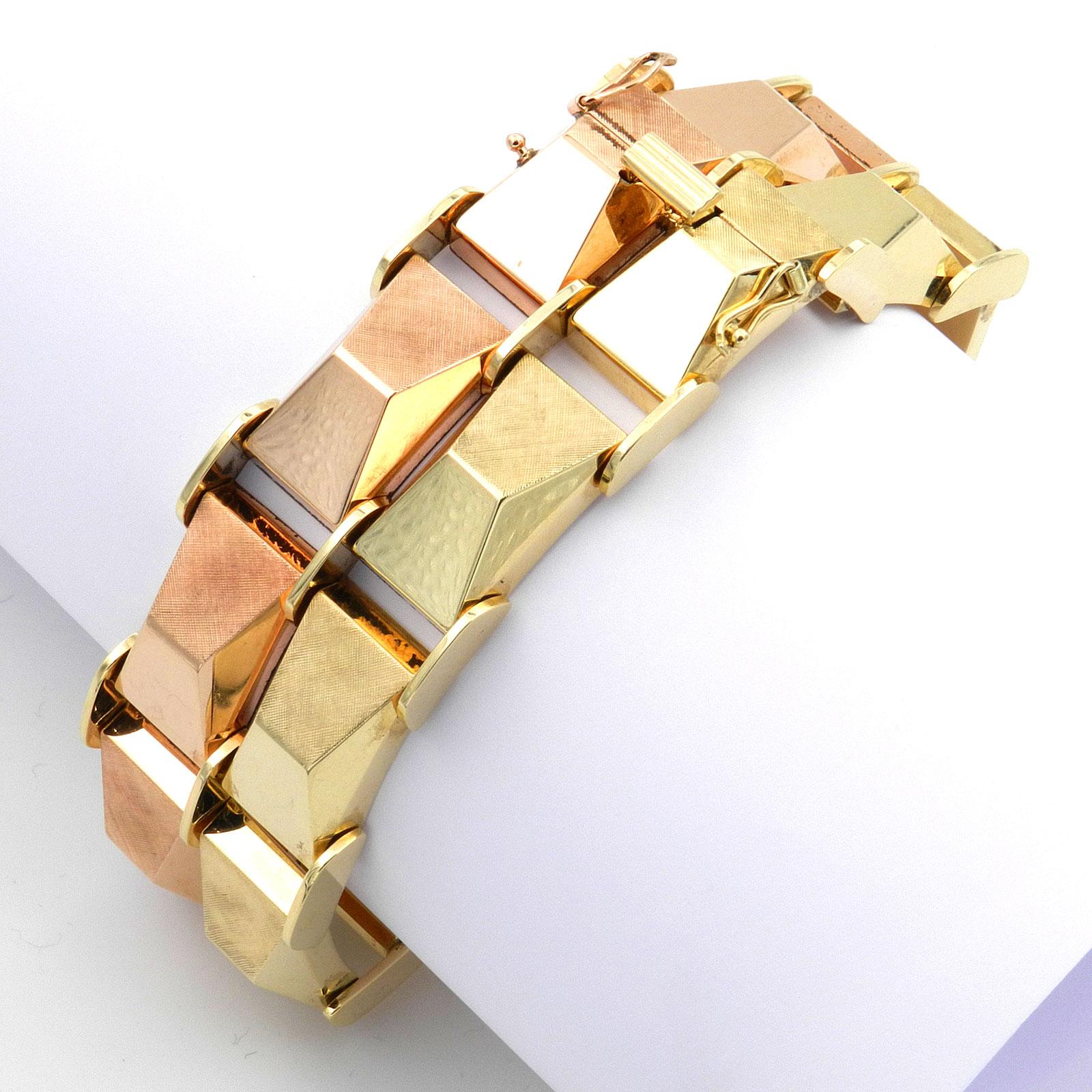 Retro Retro-Armband aus 14 Karat zweifarbigem Gold, Deutschland, um 1950 Damen im Angebot