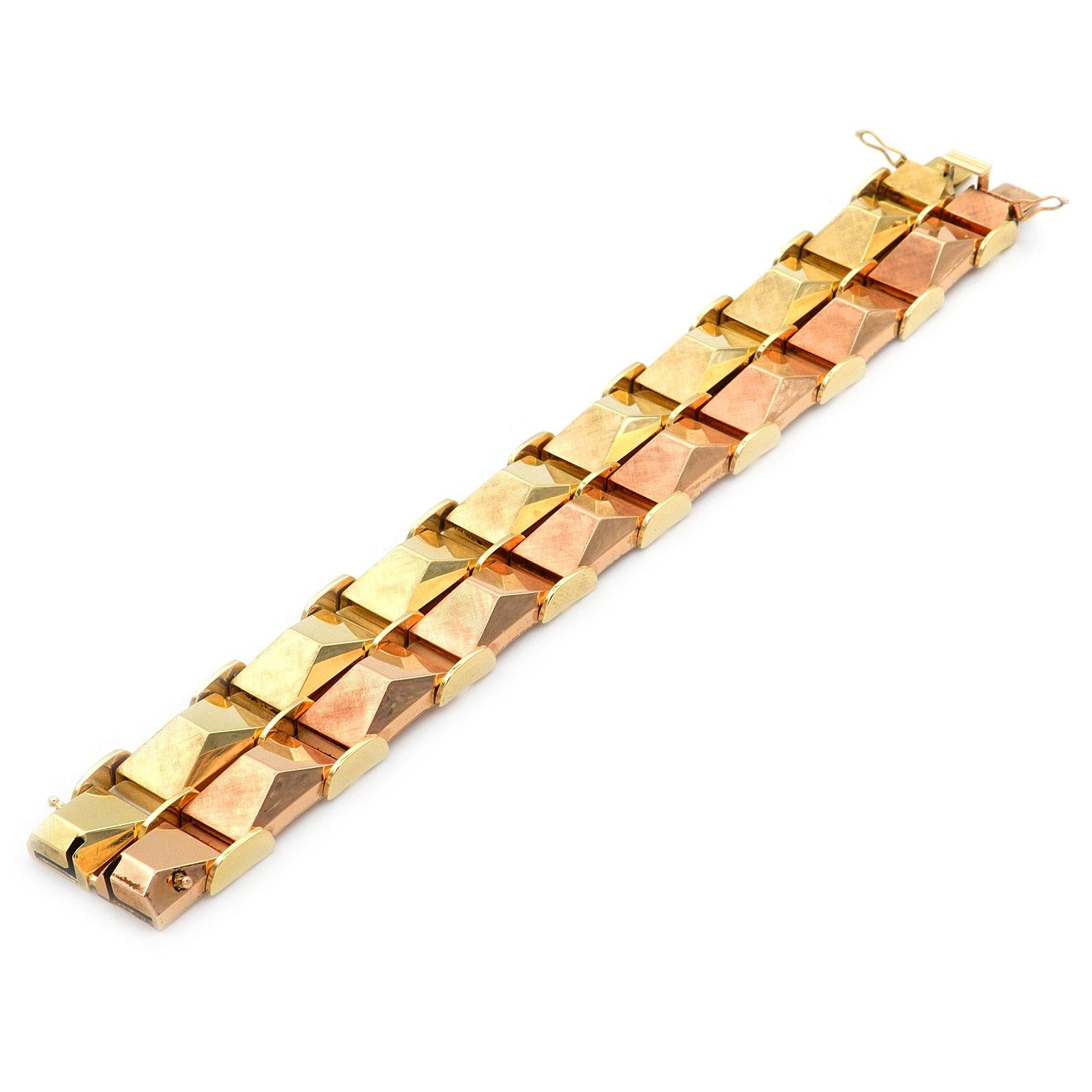 Retro Retro-Armband aus 14 Karat zweifarbigem Gold, Deutschland, um 1950 im Angebot 1