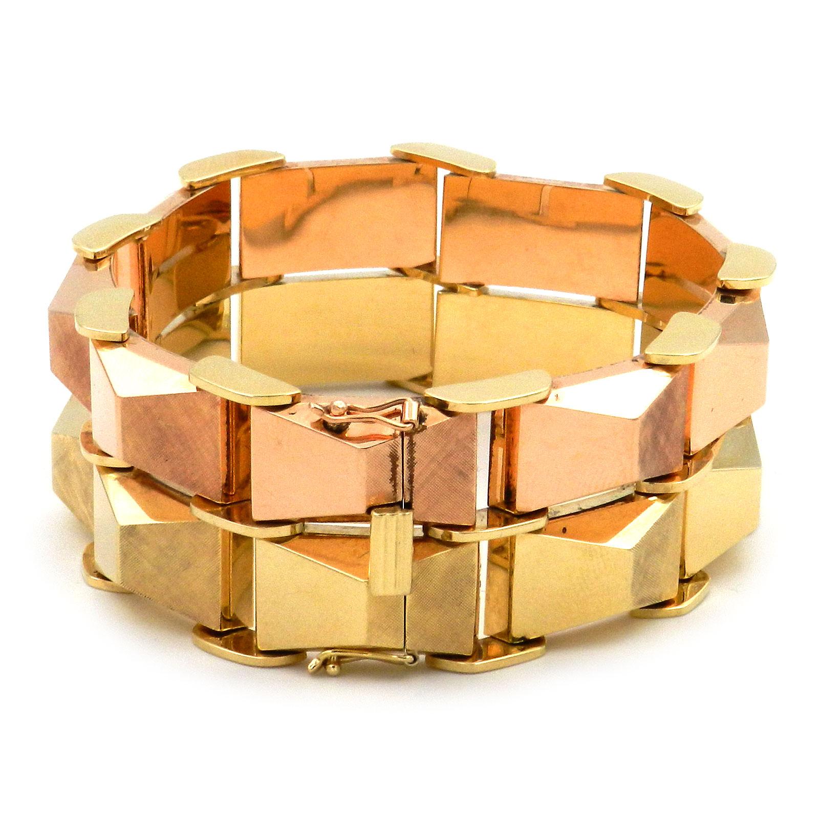 Bracelet rétro en or bicolore 14 carats, Allemagne, vers 1950 en vente 2