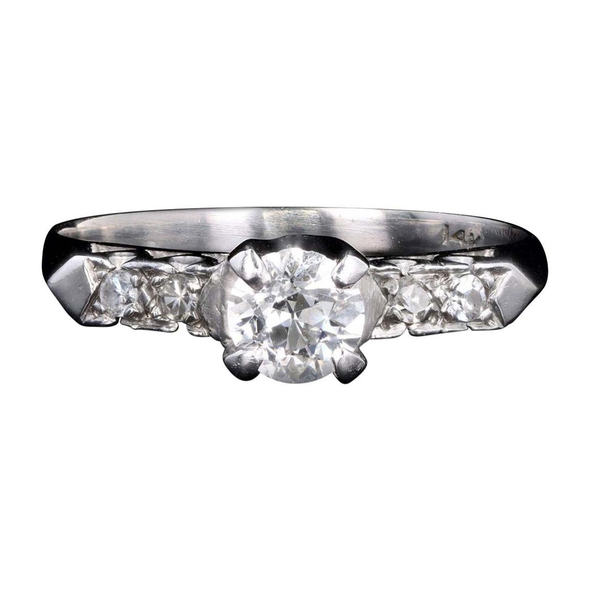 Retro 14K White Gold .37 Carat Old European Cut Diamond Engagement Ring For Sale