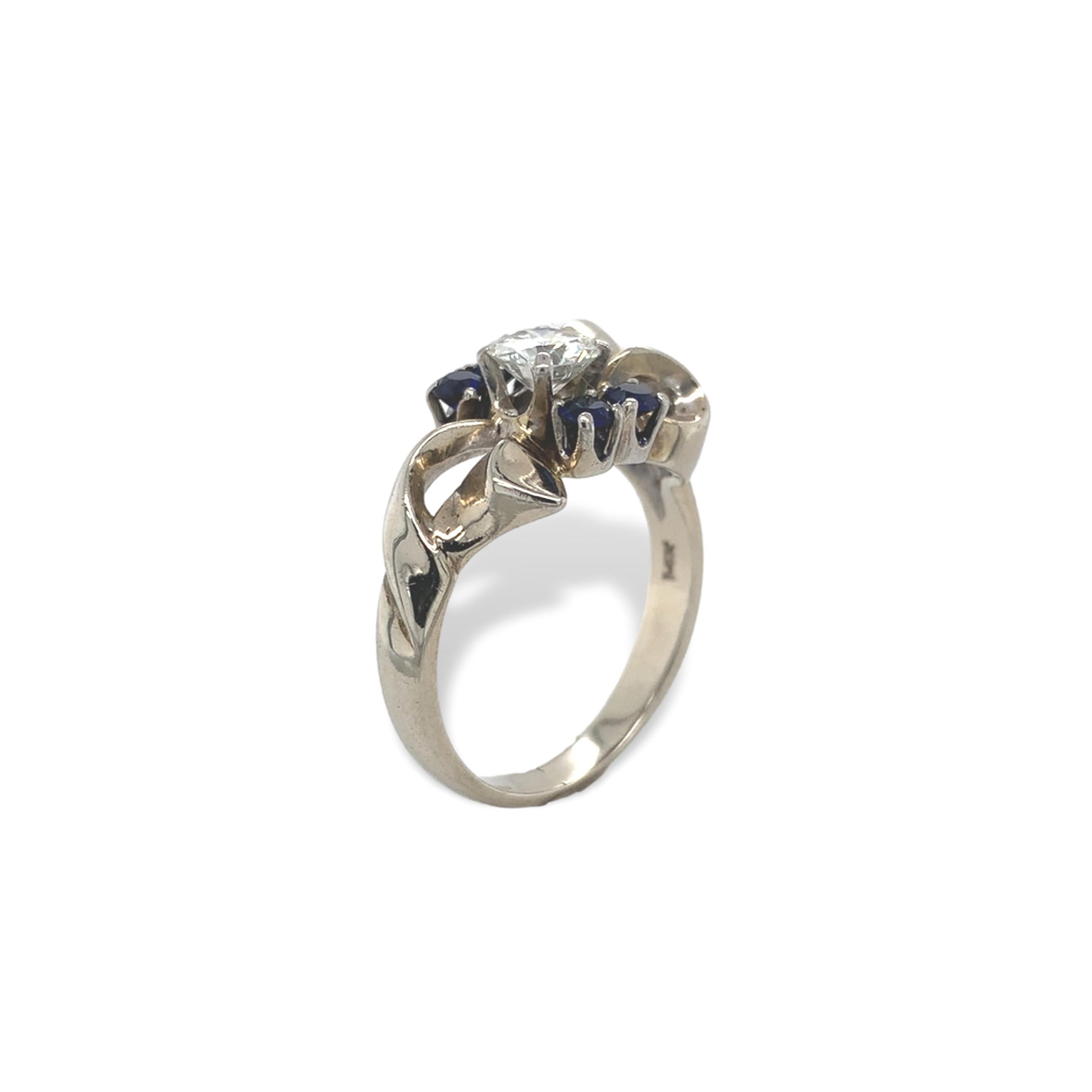 Retro 14K Weißgold Diamant-Schleifenring Größe 7,25 (Alteuropäischer Schliff) im Angebot