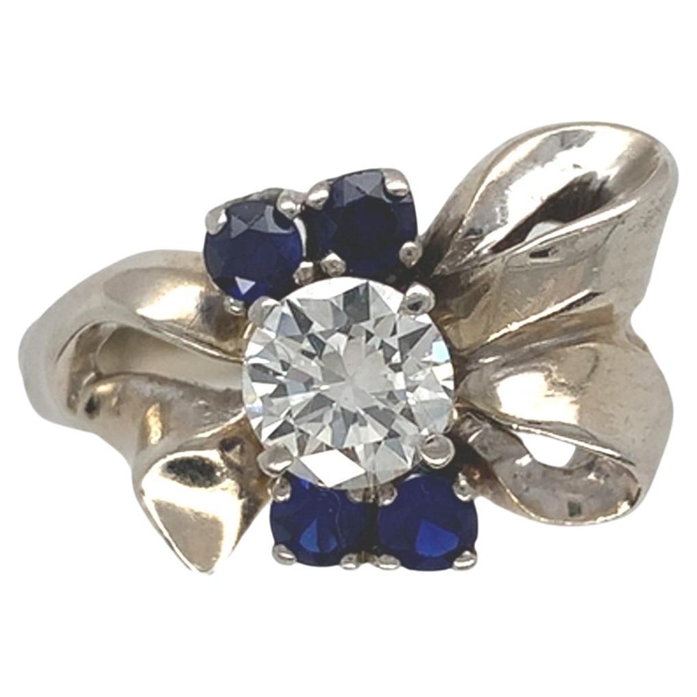 Anillo retro de oro blanco de 14 quilates con lazo de diamantes talla 7,25
