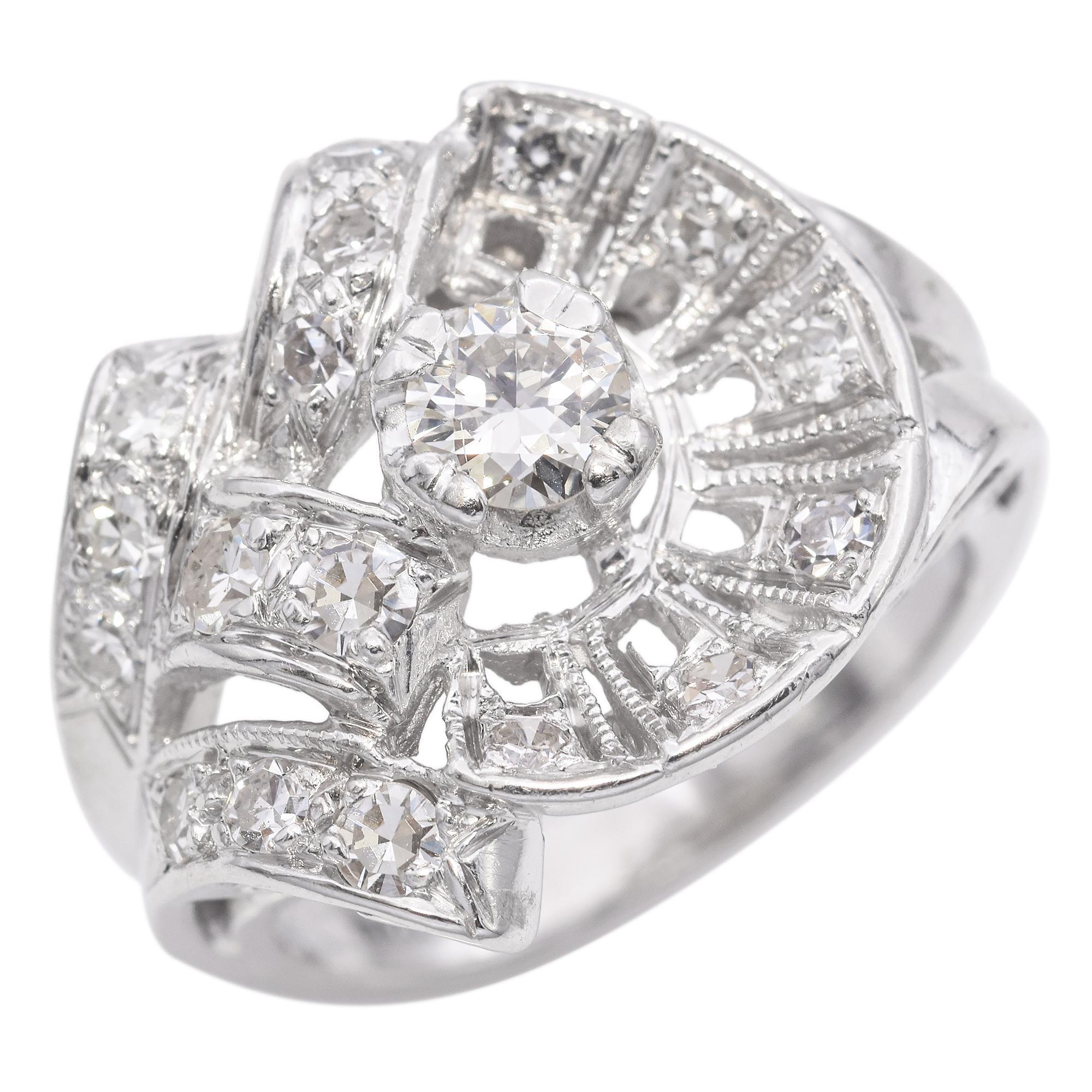 Retro 14k White Gold Diamond Cocktail Ring For Sale 1