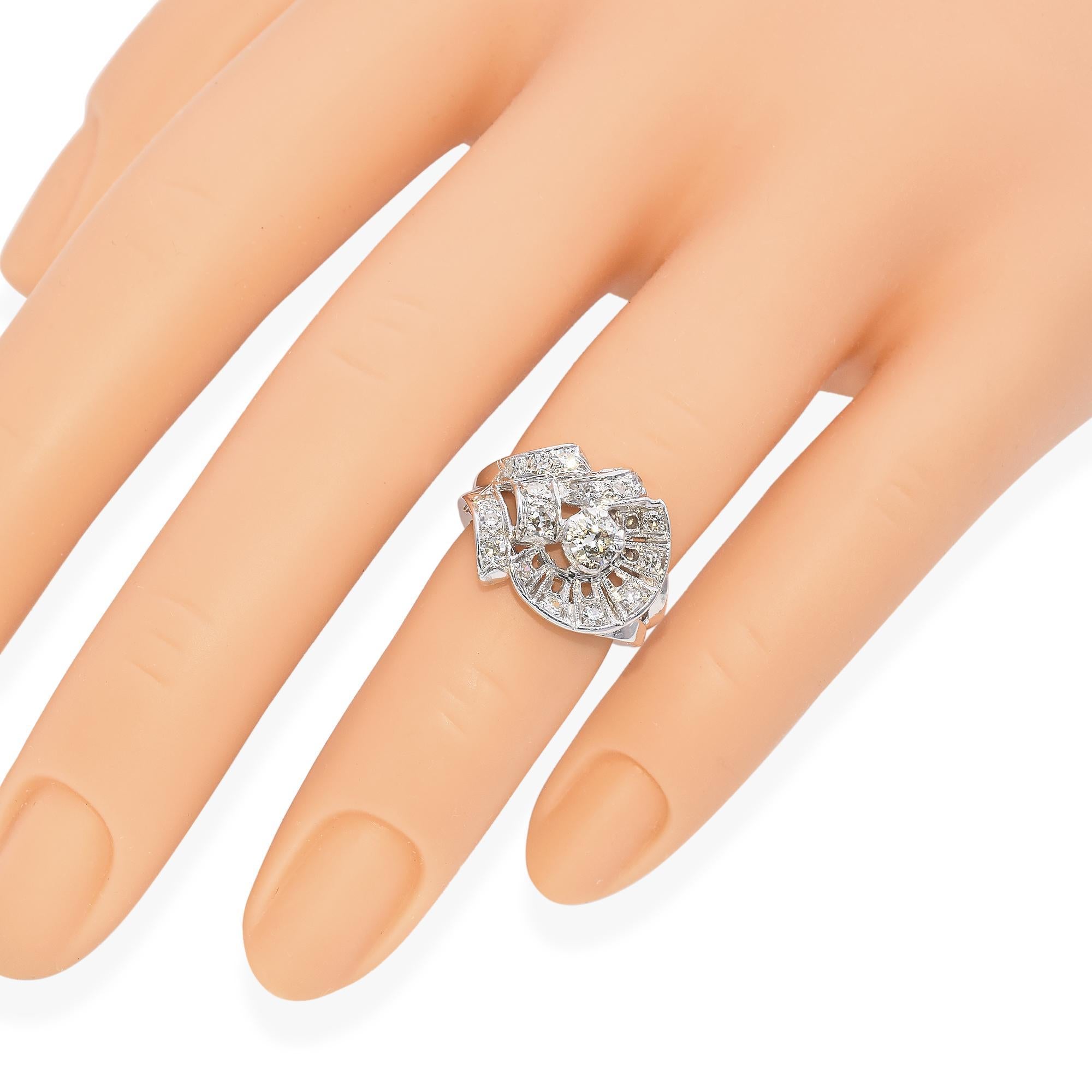 Retro 14k White Gold Diamond Cocktail Ring For Sale 2