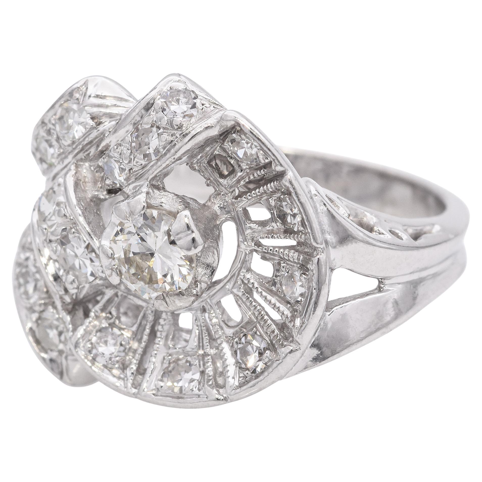 Retro 14k Weißgold Diamant-Cocktailring