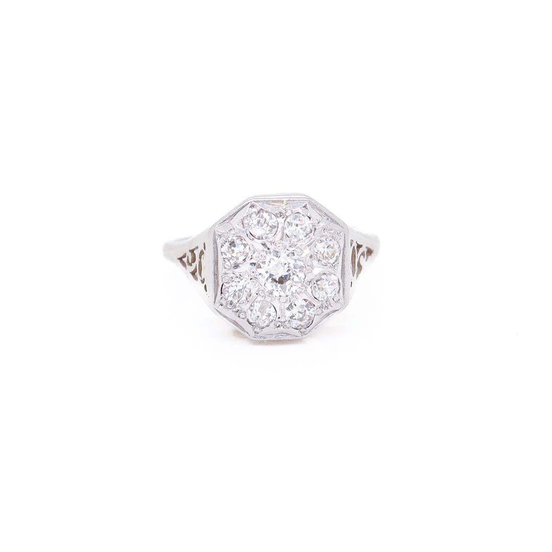 Women's or Men's Retro 14K White Gold & Old European Cut Diamond Cluster Ring For Sale