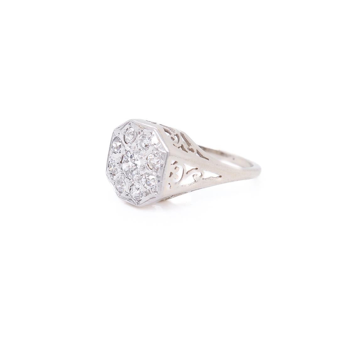 Retro 14K Weißgold & Diamant-Cluster-Ring mit alteuropäischem Schliff für Damen oder Herren im Angebot