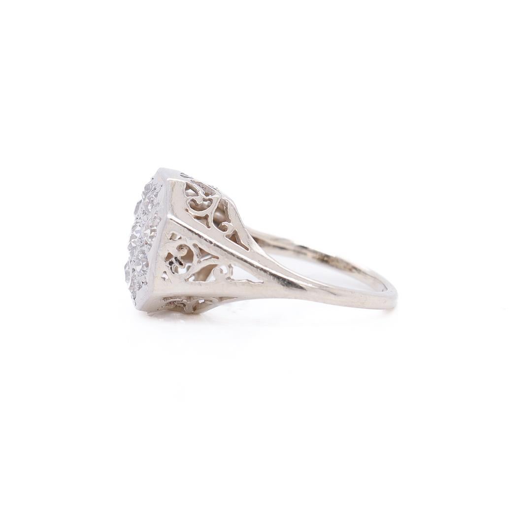 Retro 14K White Gold & Old European Cut Diamond Cluster Ring For Sale 2