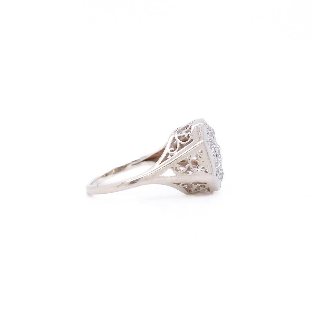 Retro 14K White Gold & Old European Cut Diamond Cluster Ring For Sale 4