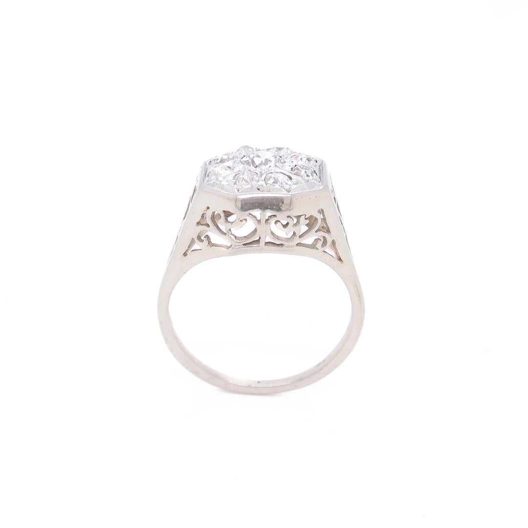 Retro 14K White Gold & Old European Cut Diamond Cluster Ring For Sale 5