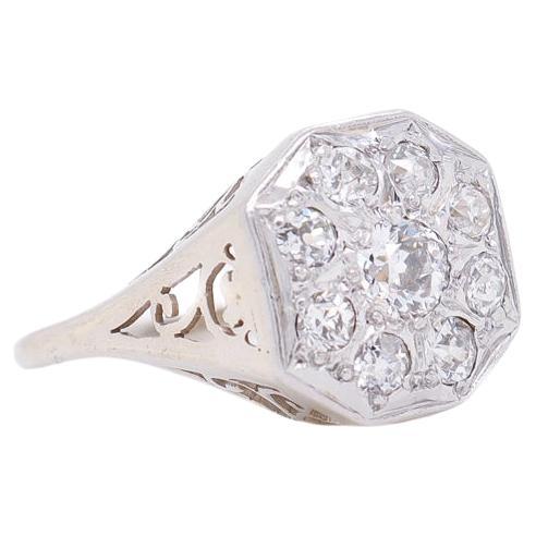 Retro 14K White Gold & Old European Cut Diamond Cluster Ring For Sale