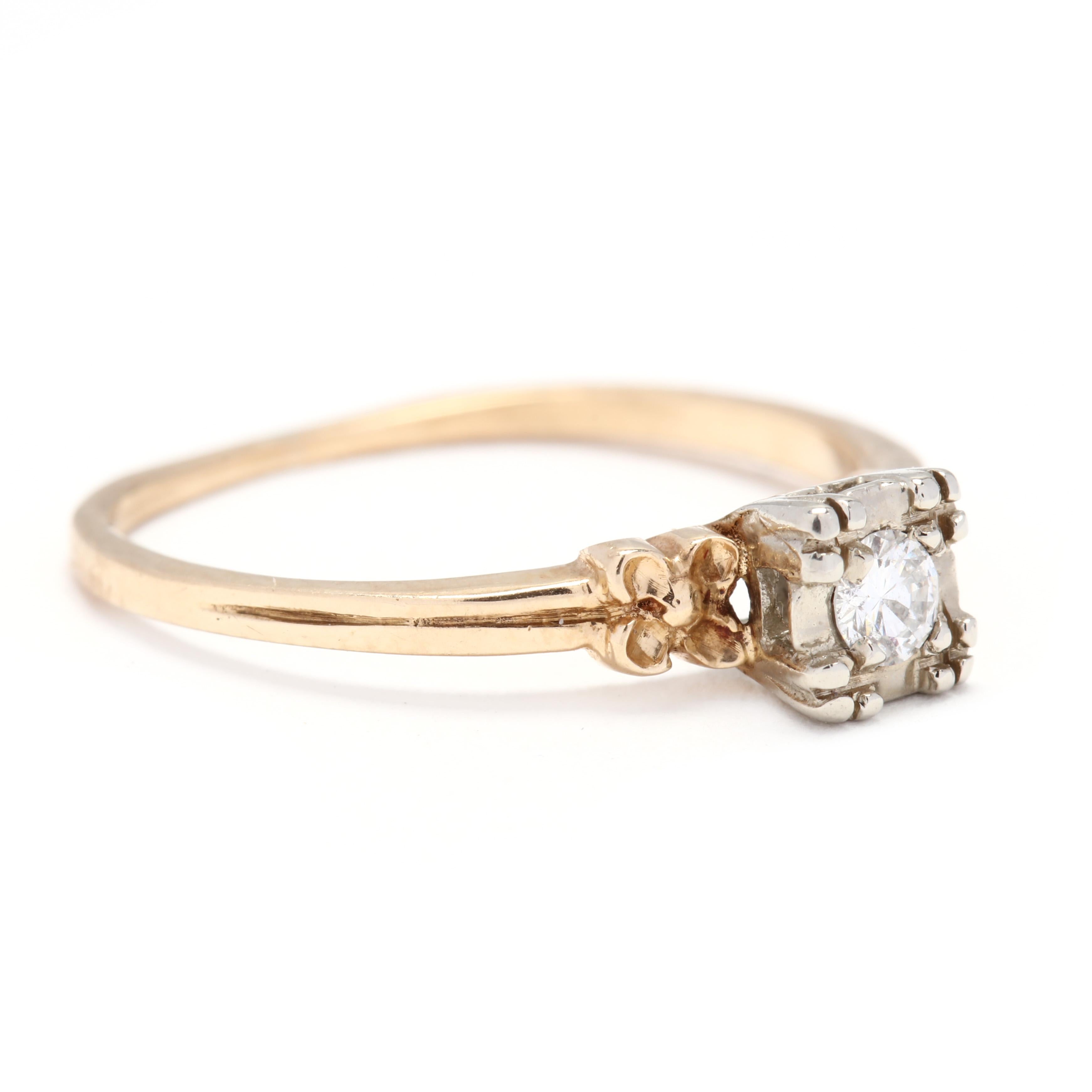 A Retro 14 karat bi-color gold diamond engagement ring. This ring features a square mounting set with a full cut round diamond weighing approximately .12 carat with an engraved floral motif on either side and a ridged slightly tapered