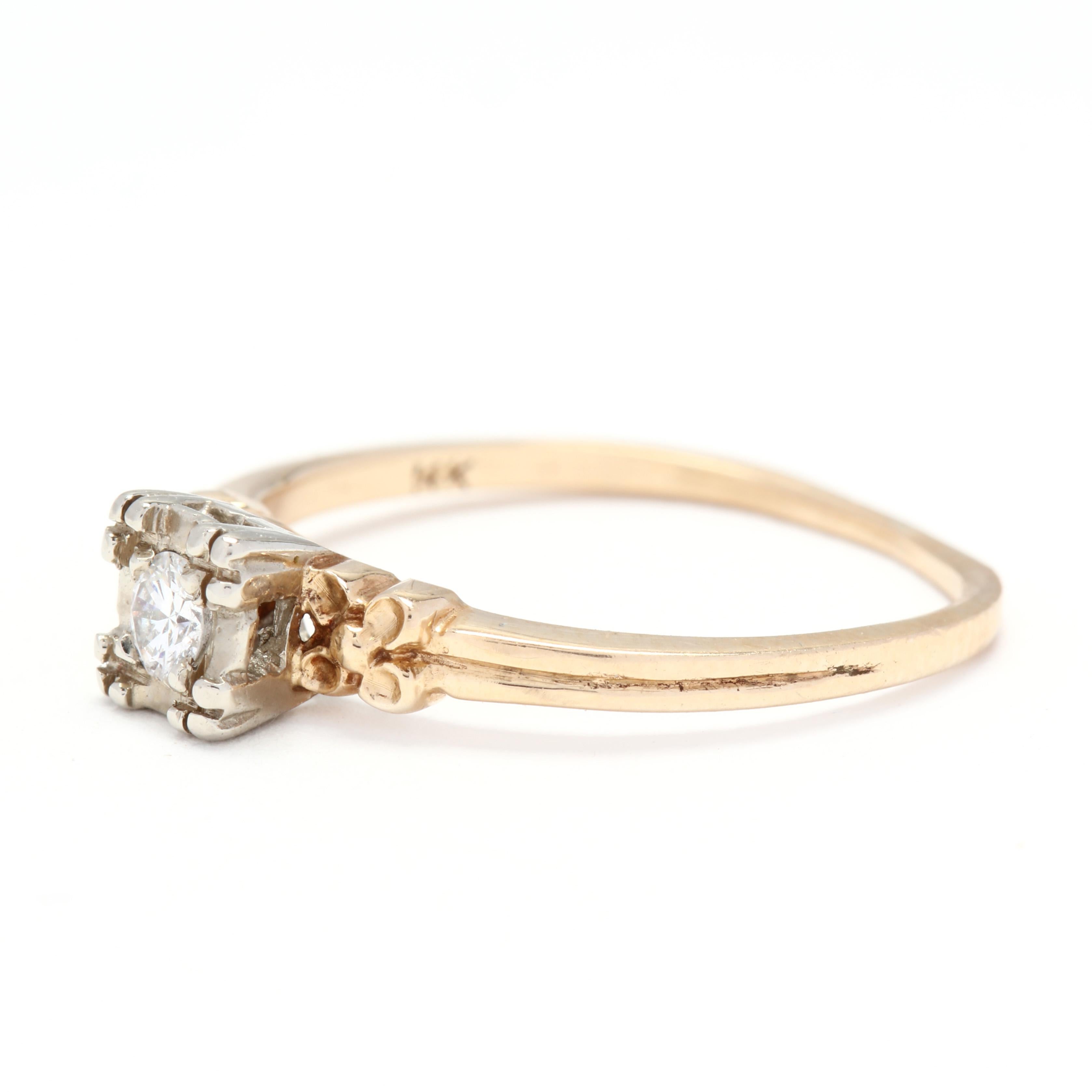 Round Cut Retro 14 Karat White and Yellow Gold Diamond Engagement Ring