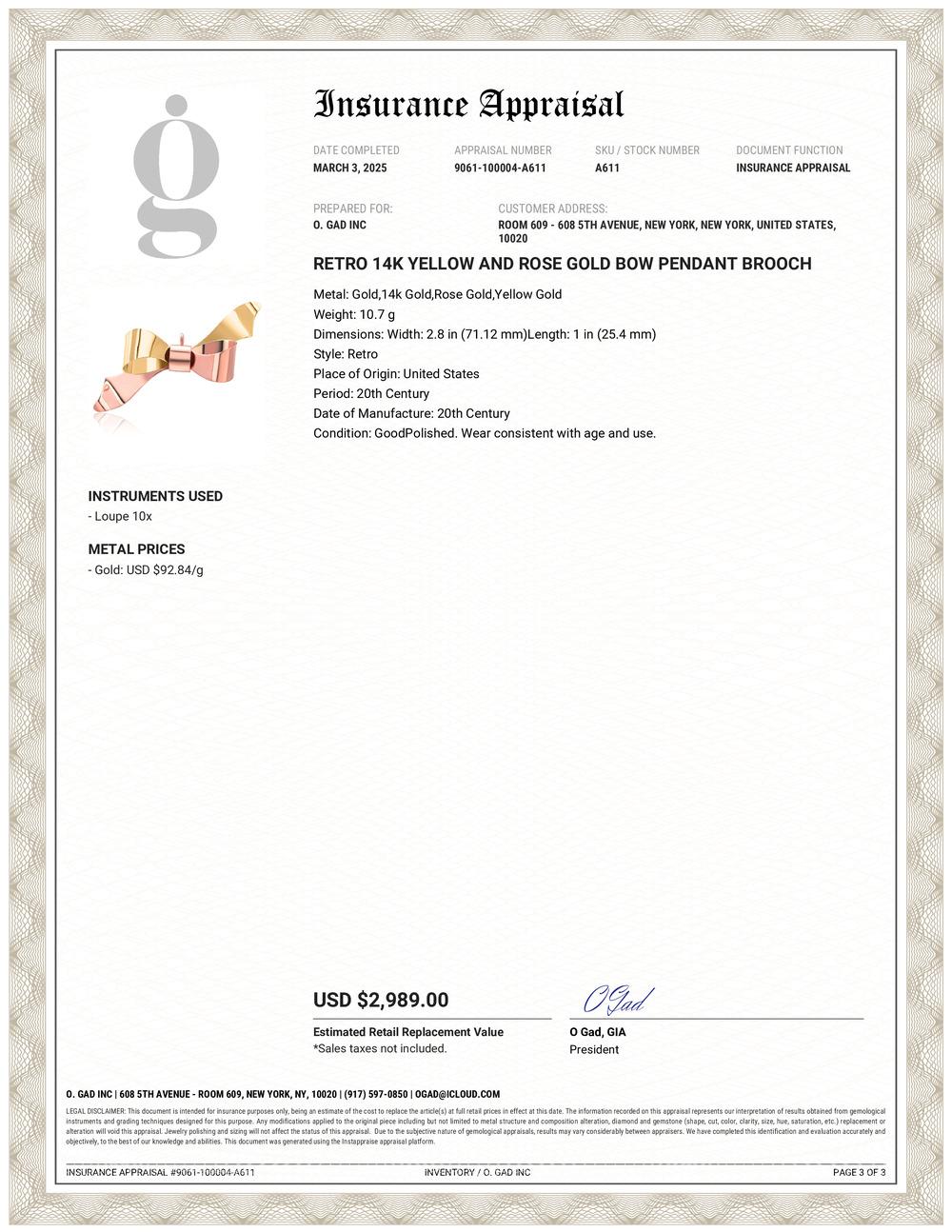 Rétro Spilla con fiocco retrò in oro giallo e rosa 14K in vendita