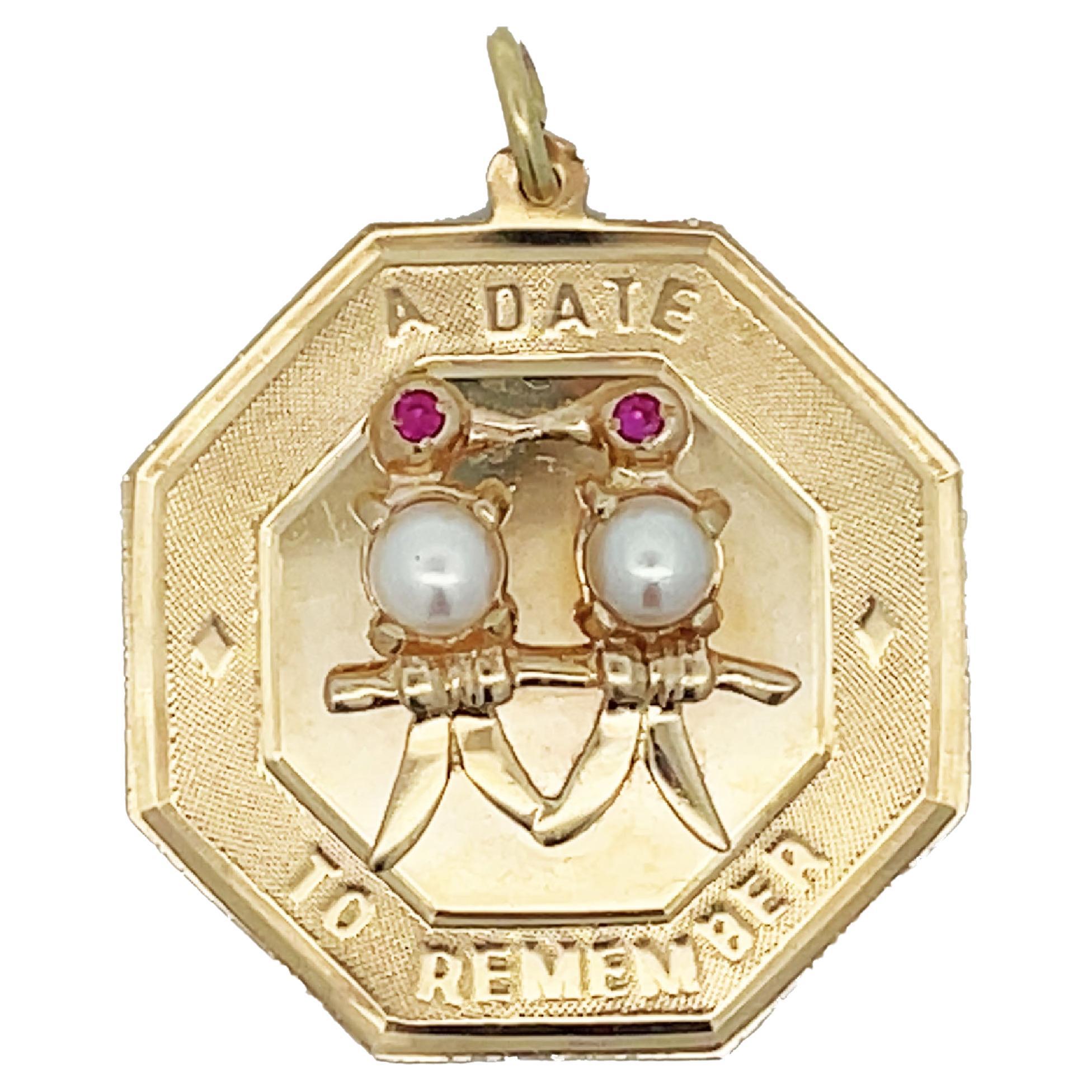 Retro 14K Yellow Gold "A Date To Remember" Ruby and Pearl Pendant For Sale