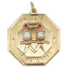 Vintage 14K Yellow Gold "A Date To Remember" Ruby and Pearl Pendant