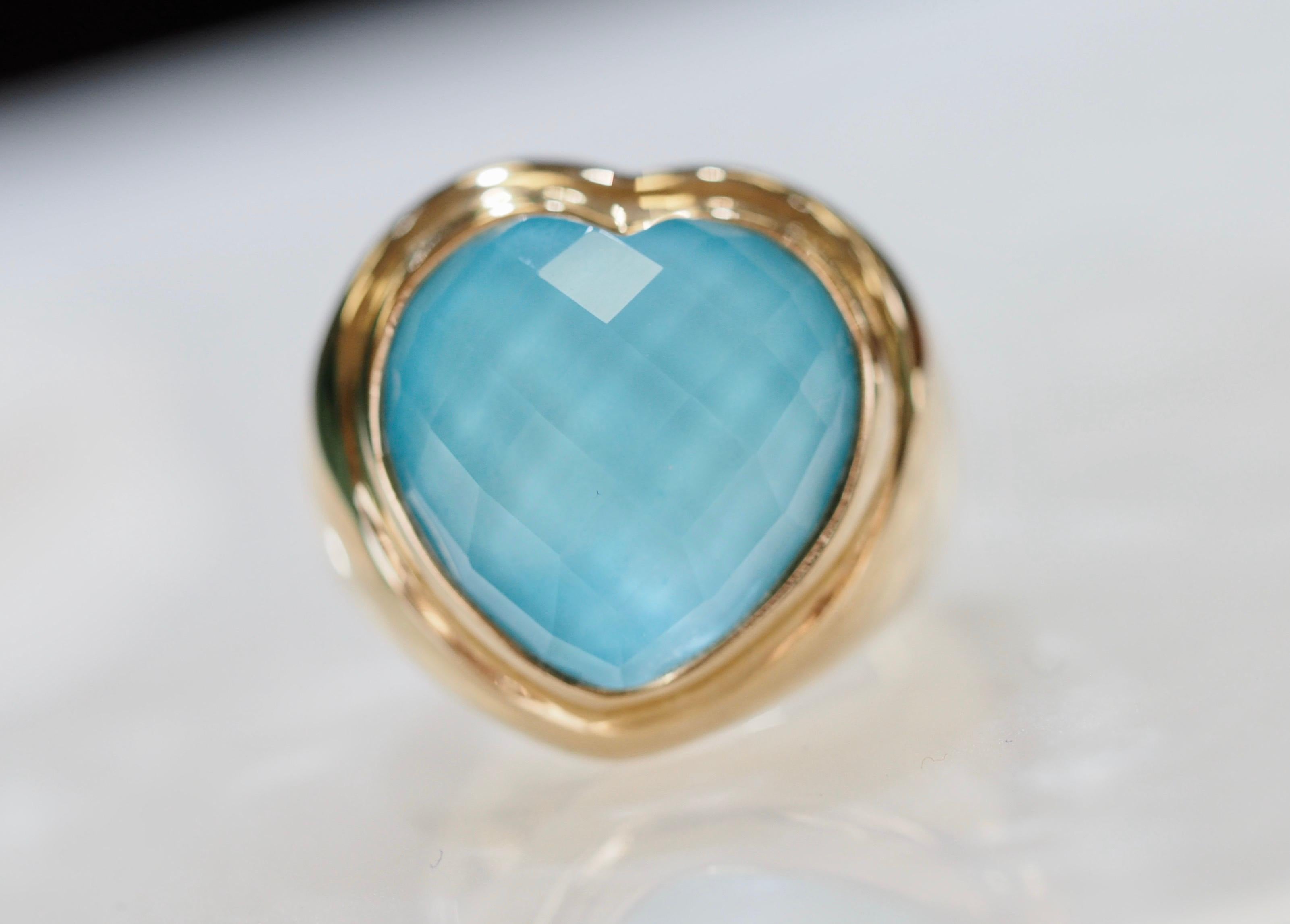 Retro 14K Yellow Gold Amazonite and Quartz Doublet Cocktail Ring is absolutely stunning. This cocktail/ fashion ring includes a heart shaped doublet that includes a vibrant amazonite with a layers of quartz over it,  giving it a stunning luminous