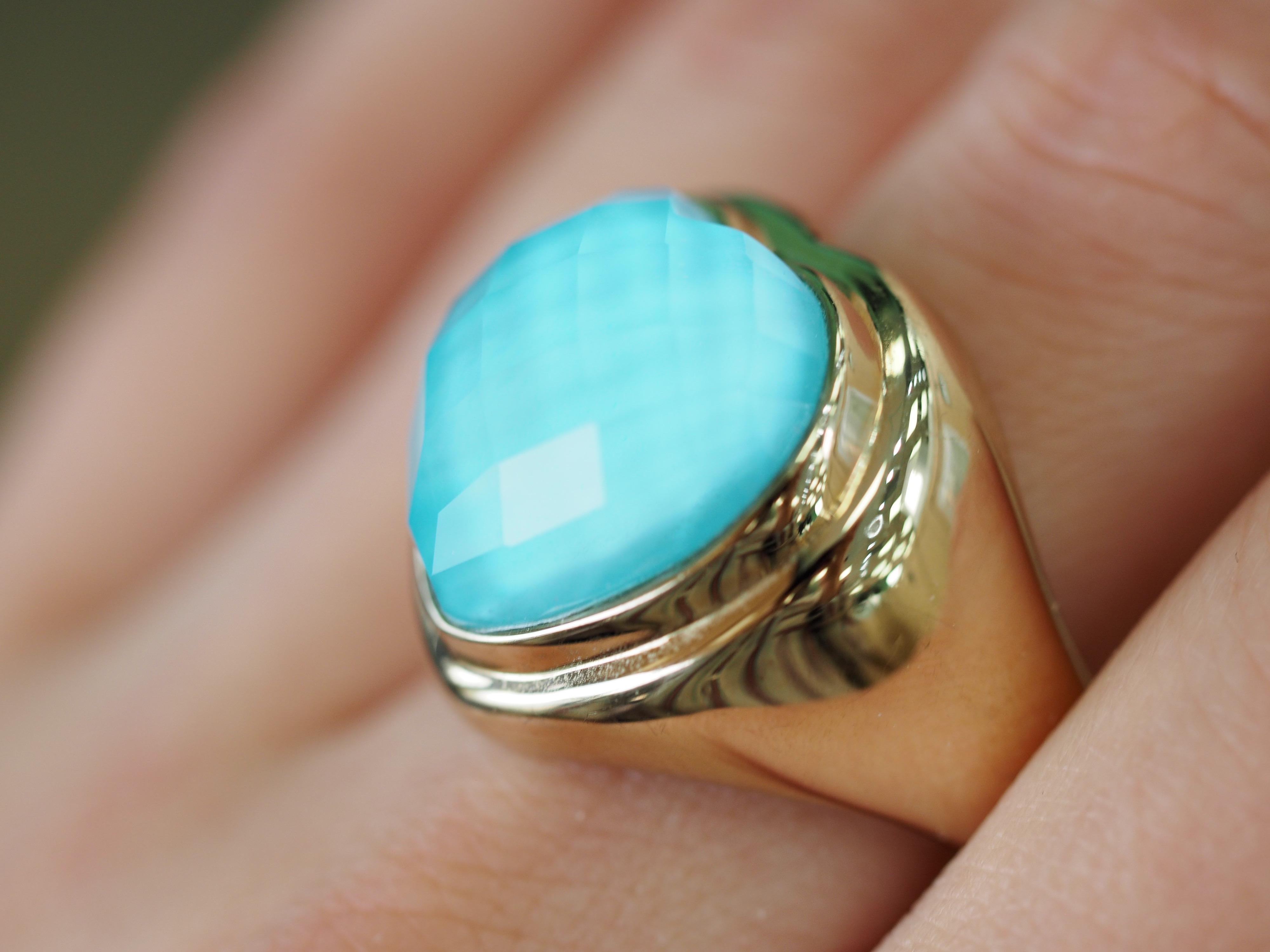 Women's or Men's Retro 14 Karat Yellow Gold Amazonite and Quartz Doublet Cocktail Ring