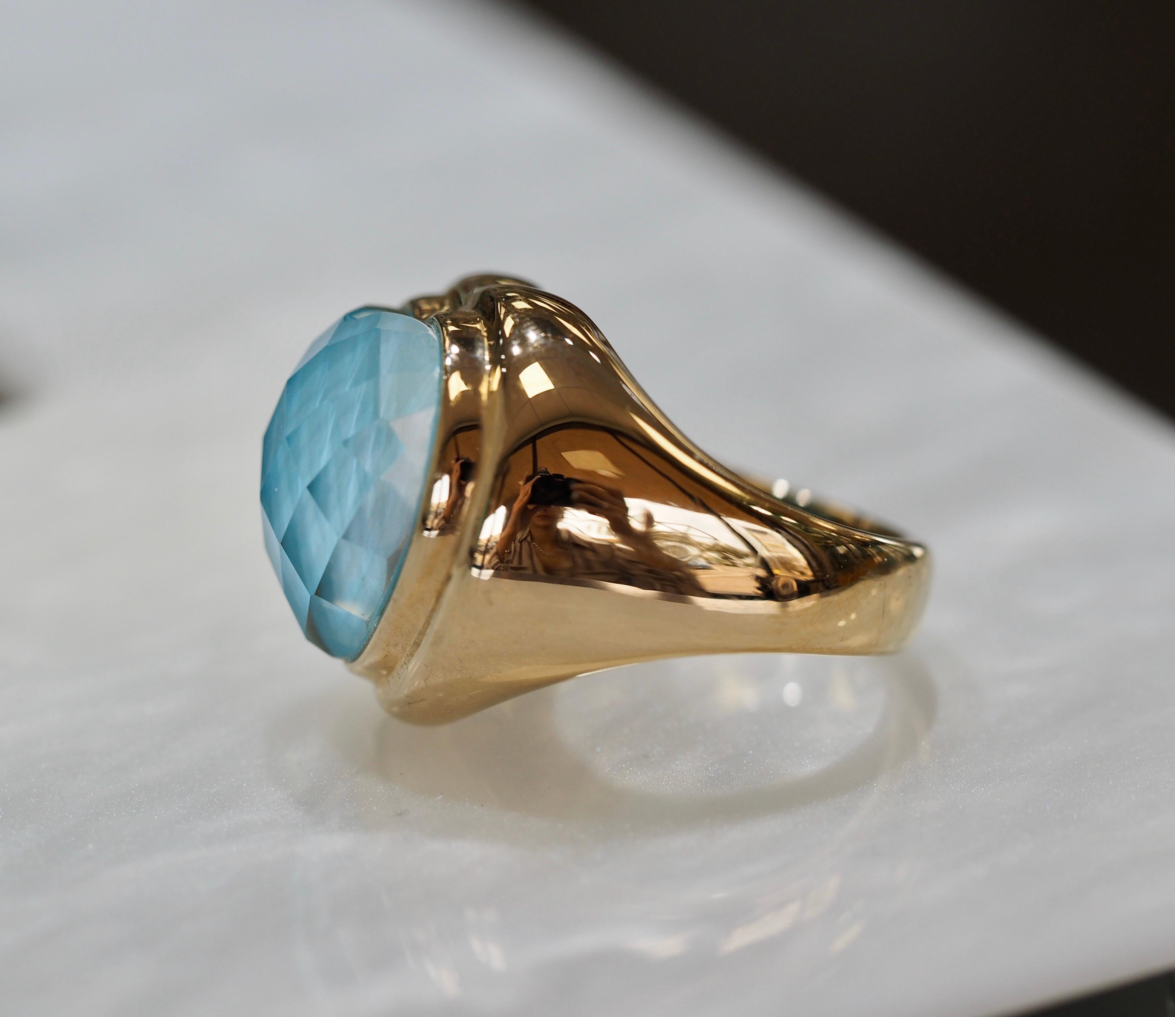 Retro 14 Karat Yellow Gold Amazonite and Quartz Doublet Cocktail Ring 1