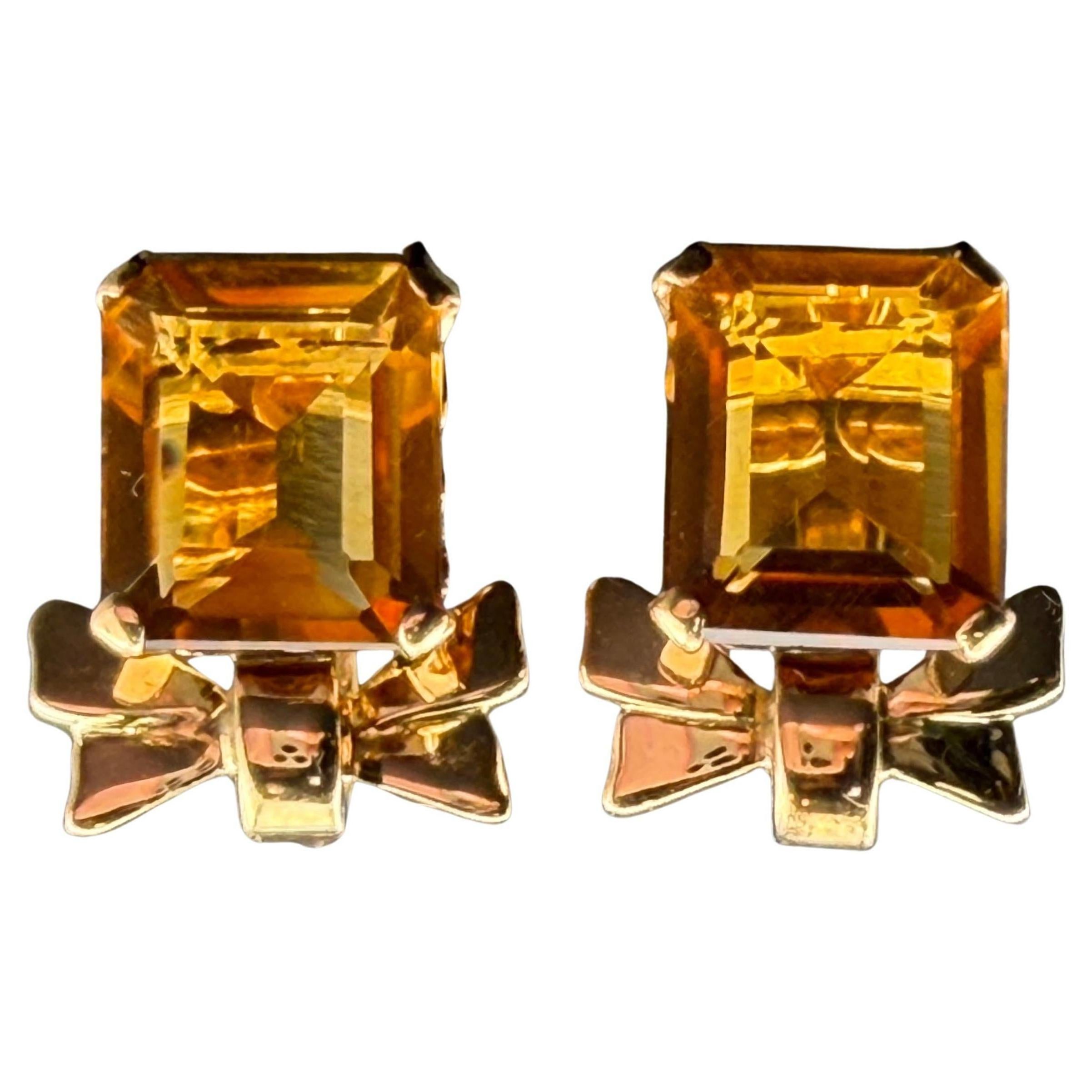 Pendientes retro con rosca de citrino en oro amarillo de 14k Años 40