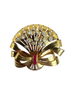 Broche/alfiler abanico retro de oro amarillo de 14 quilates con diamantes y rubíes