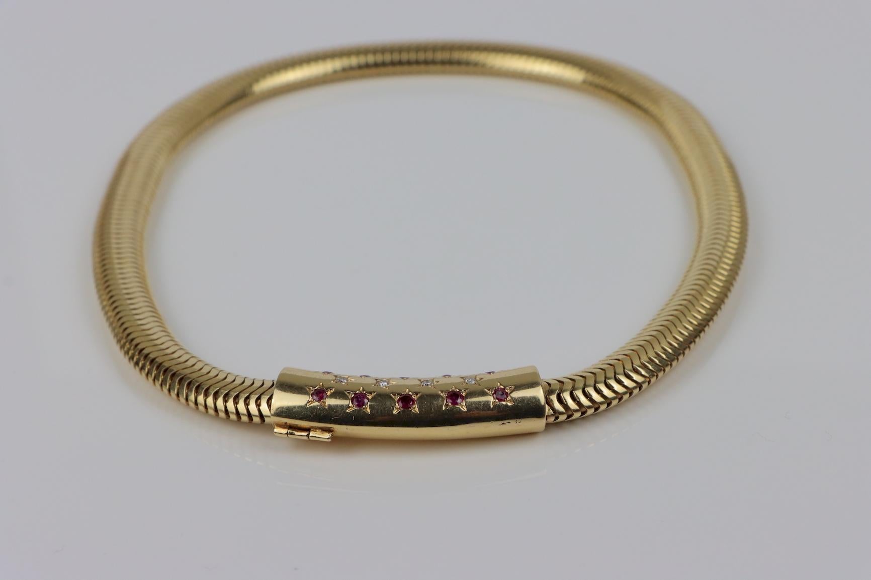Retro RETRO 14k Yellow Gold, Diamond & Ruby Tubogas Choker Necklace 1940s