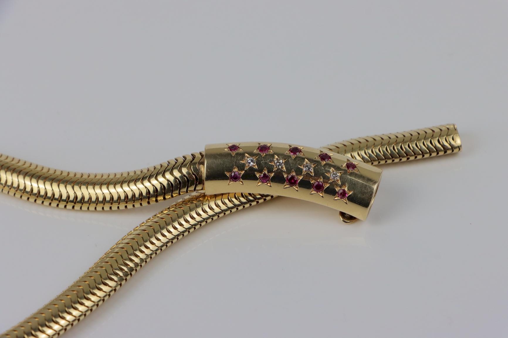Round Cut RETRO 14k Yellow Gold, Diamond & Ruby Tubogas Choker Necklace 1940s