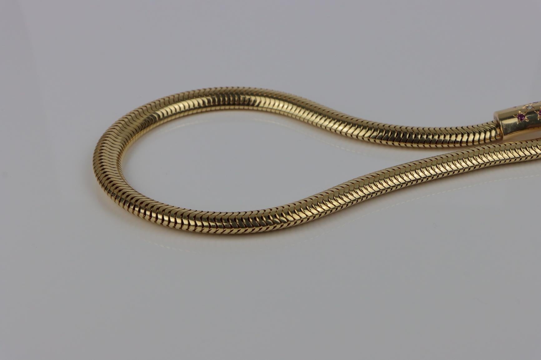 RETRO 14k Yellow Gold, Diamond & Ruby Tubogas Choker Necklace 1940s In Excellent Condition In Beverly Hills, CA