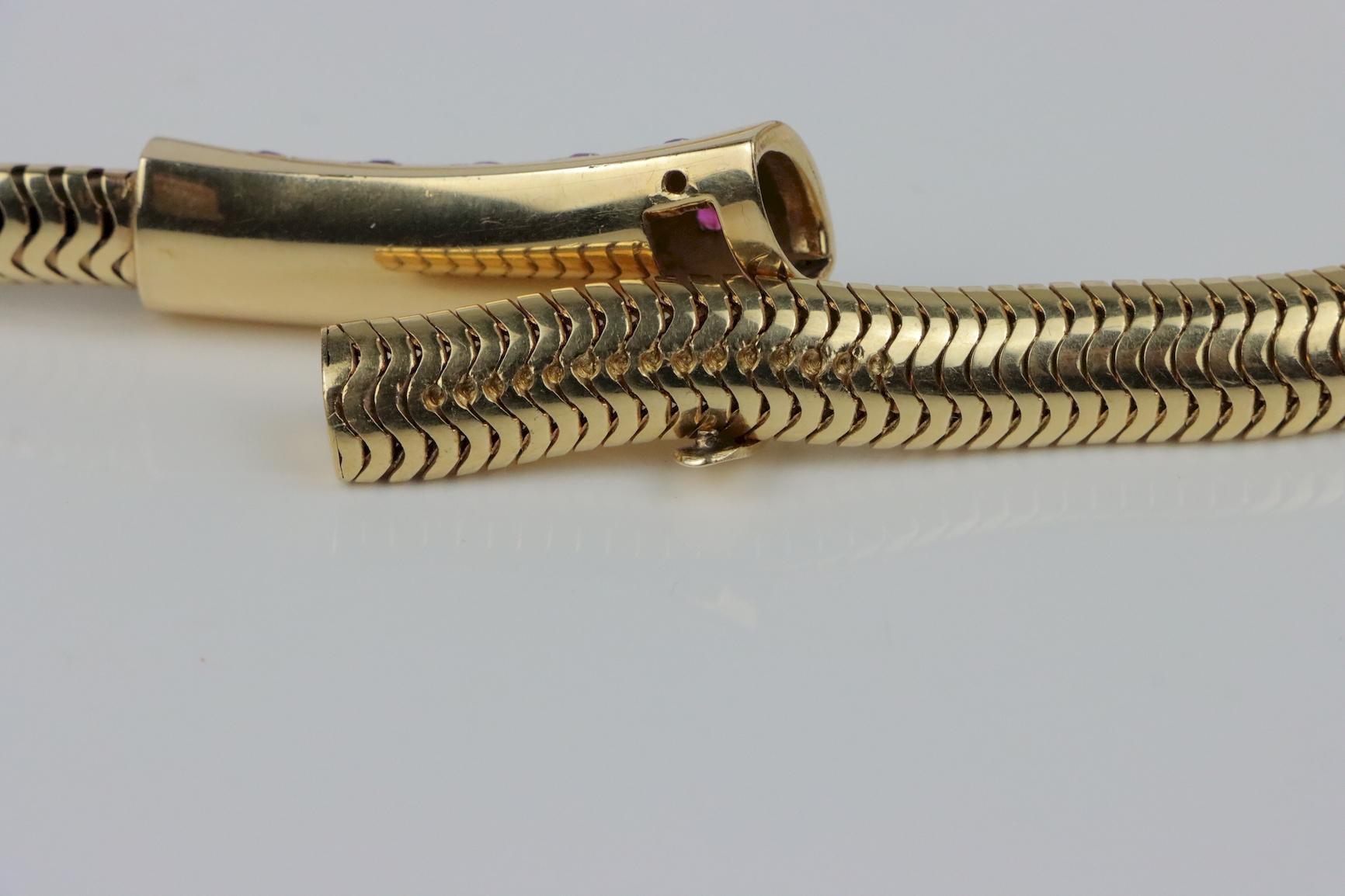 RETRO 14k Yellow Gold, Diamond & Ruby Tubogas Choker Necklace 1940s 1