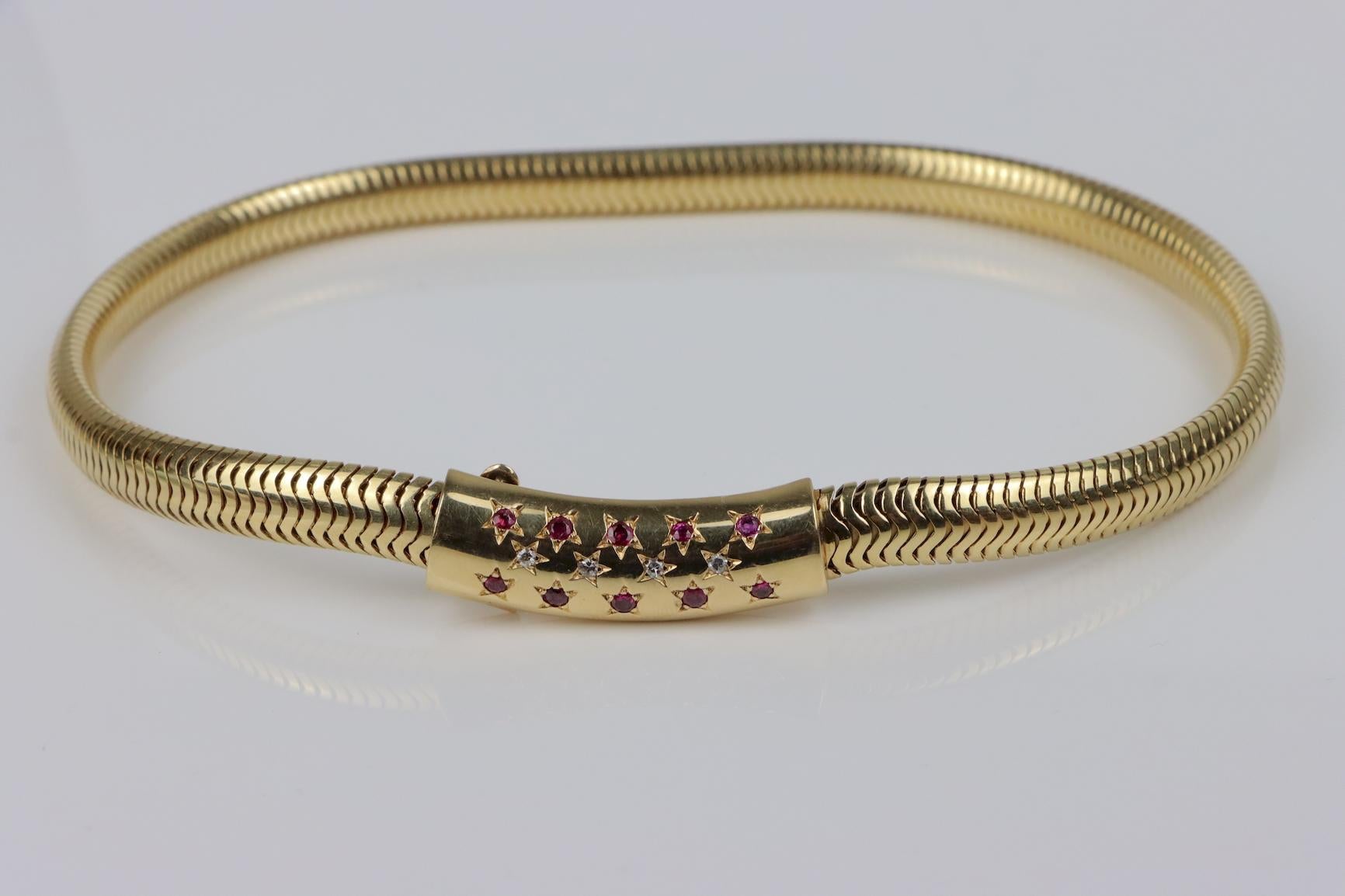 RETRO 14k Yellow Gold, Diamond & Ruby Tubogas Choker Necklace 1940s 3