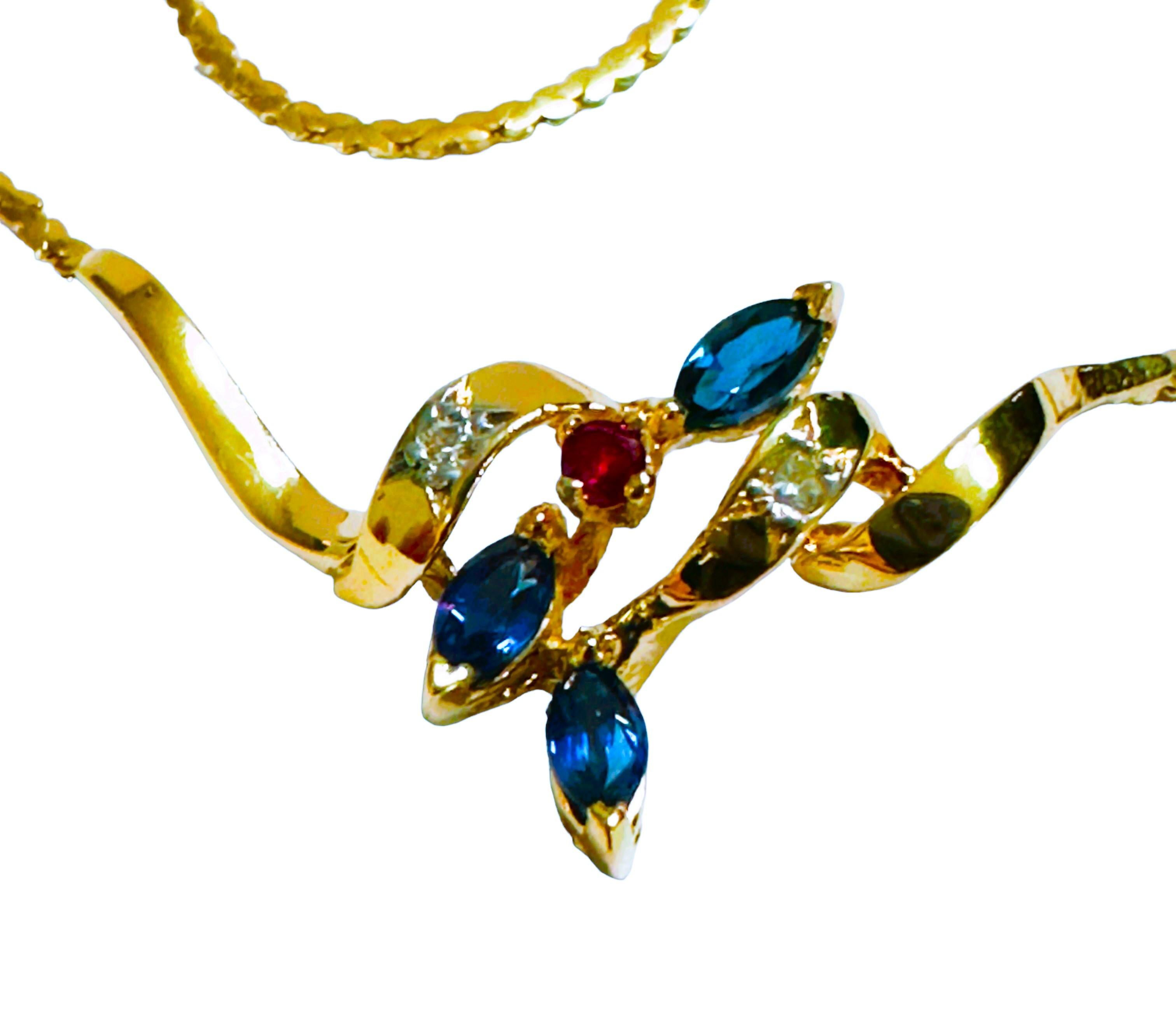 Art Deco Retro 14k Yellow Gold Diamond, Sapphire & Spinel Necklace 16
