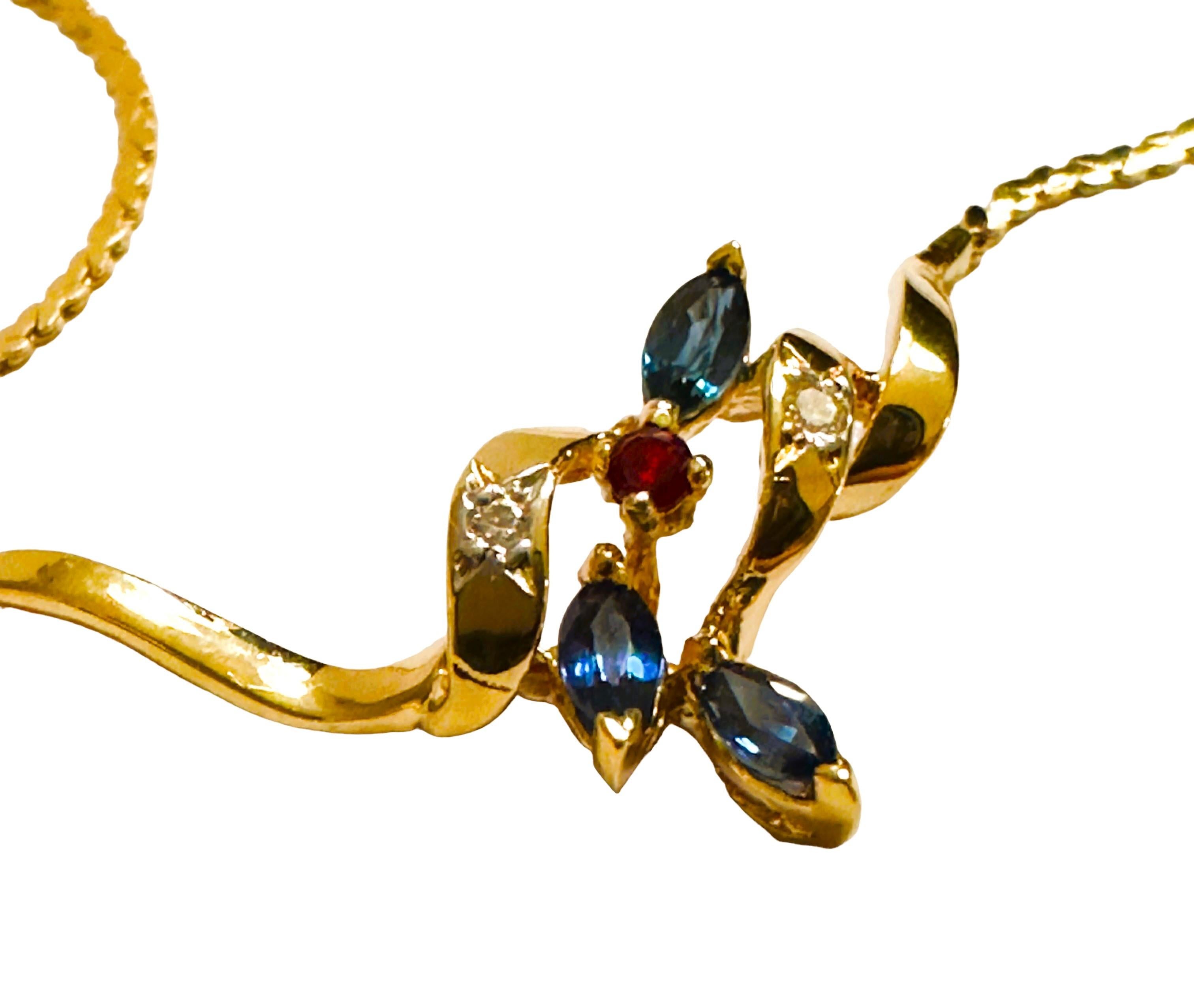 Retro 14k Yellow Gold Diamond, Sapphire & Spinel Necklace 16