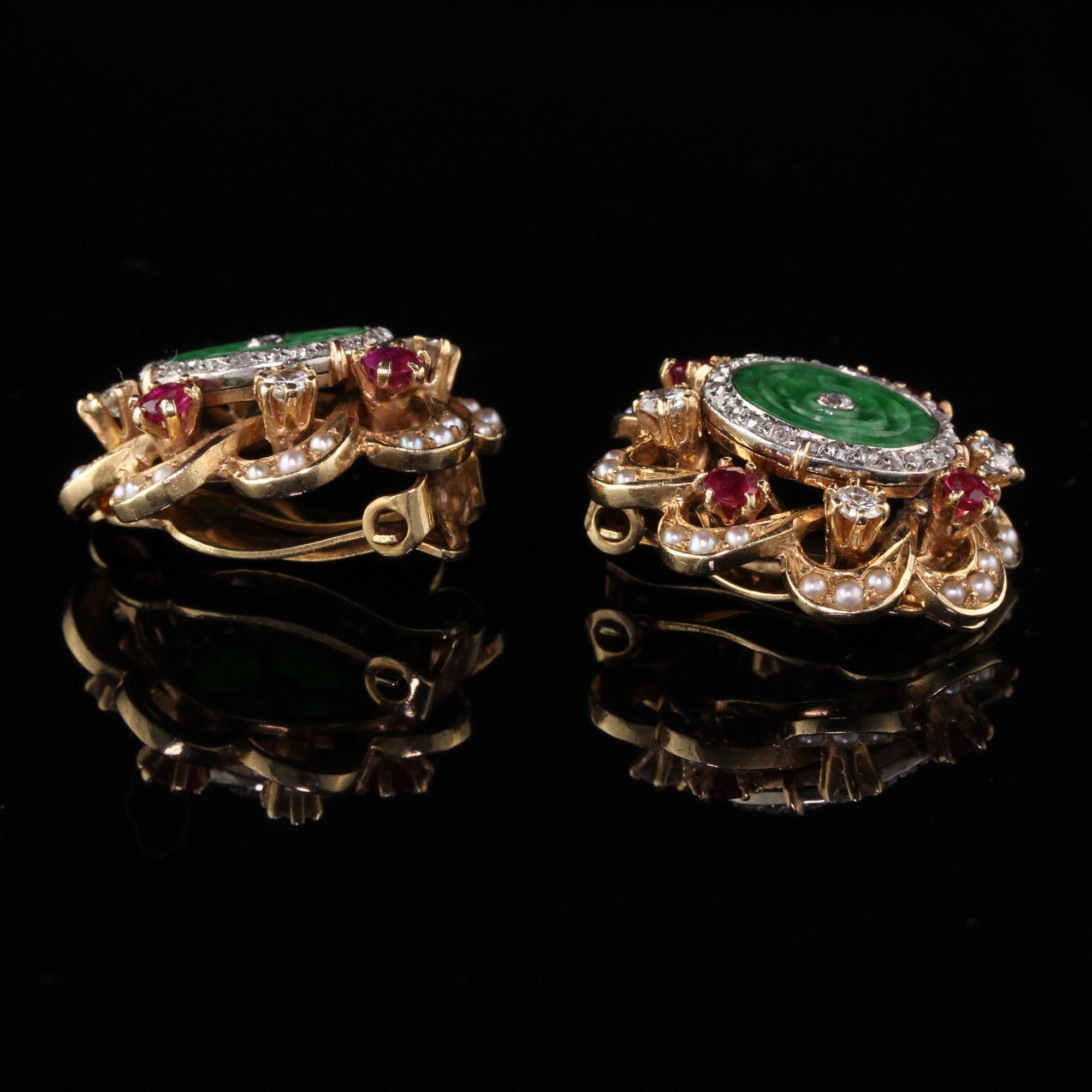Retro 14 Karat Yellow Gold Diamonds, Jade, Rubies and Seed Pearls Earrings In Good Condition In Great Neck, NY