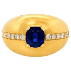 Retro 14K Yellow Gold Dome Cocktail Ring with Blue Sapphire and Diamonds