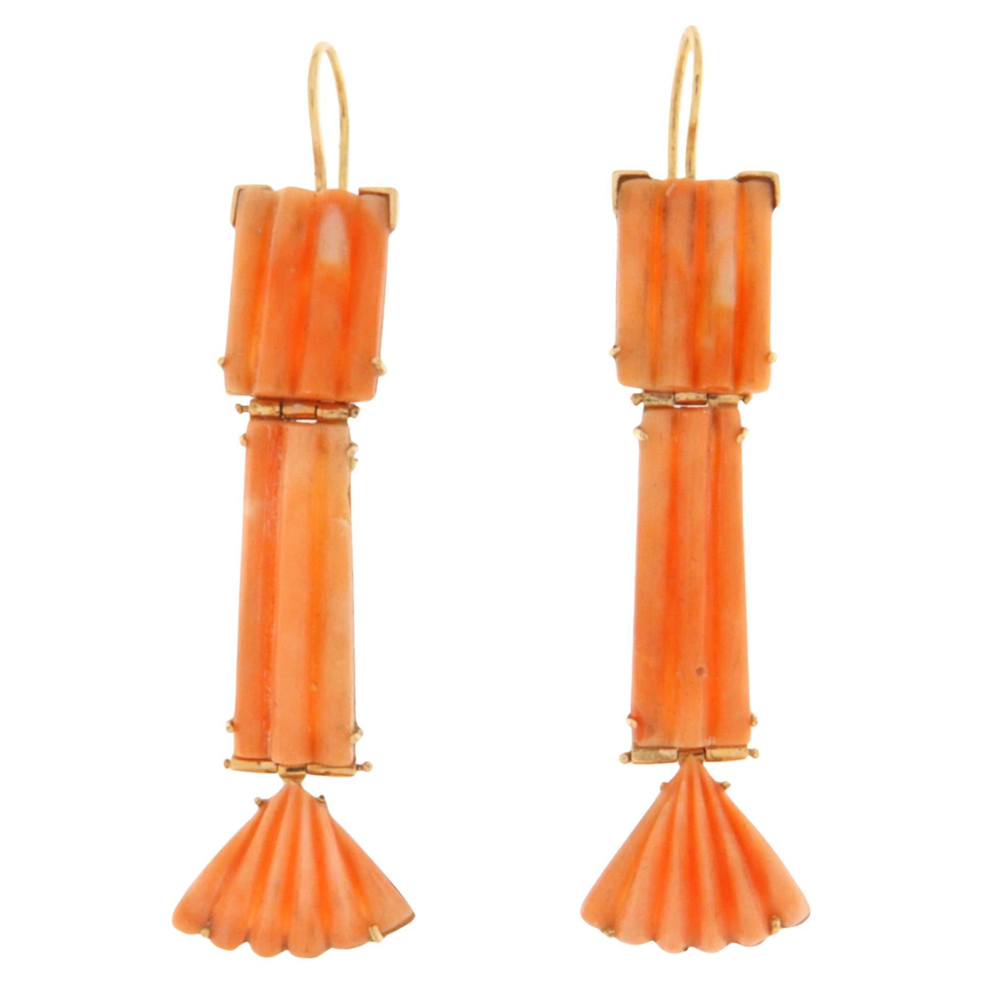 Retro 14k Yellow Gold Hand-Carved Coral Drop Earrings, Italy 1980s For Sale