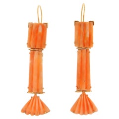 Retro 14k Yellow Gold Hand-Carved Coral Drop Earrings, Italy 1980s