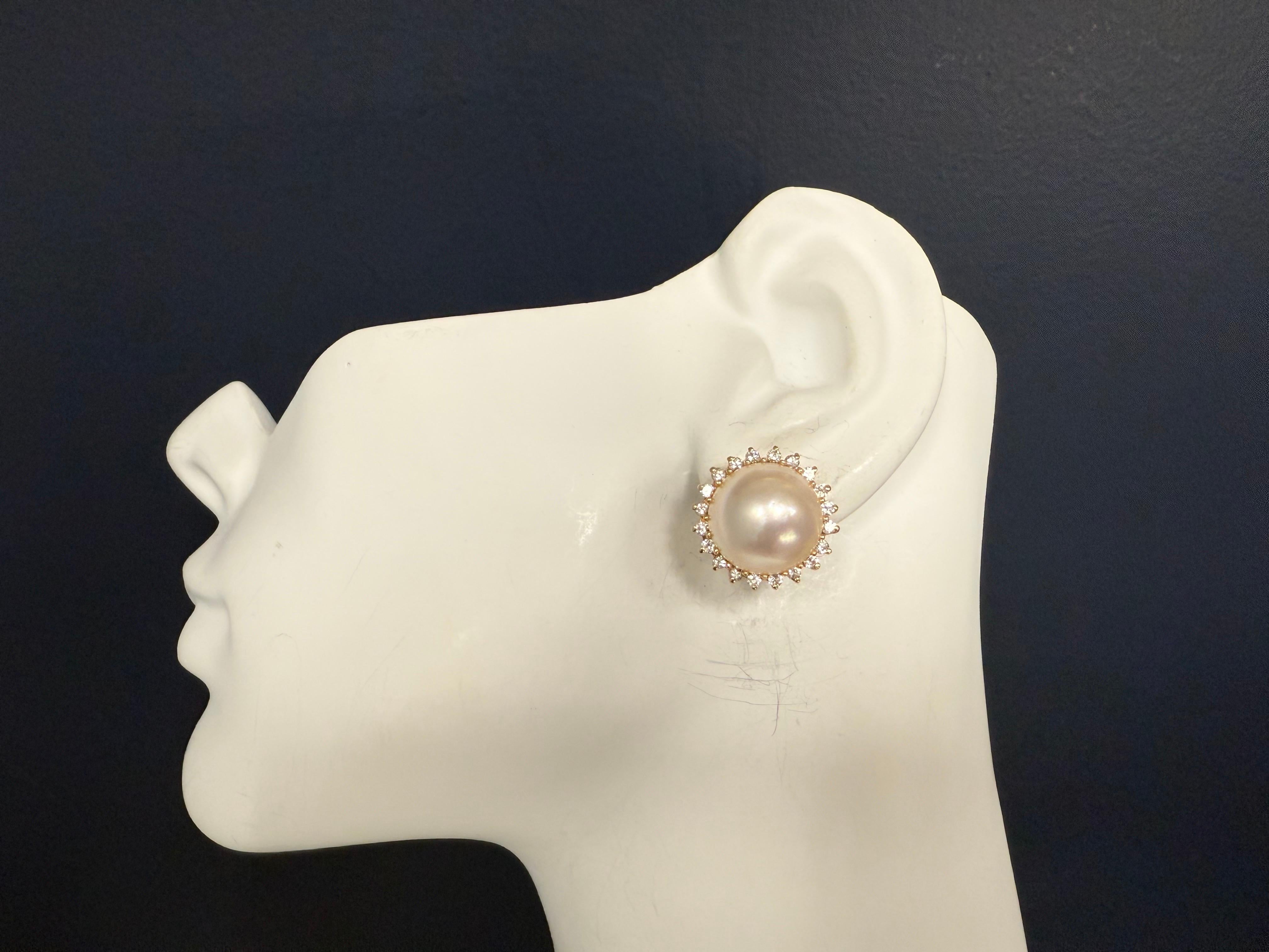 Boucles d'oreilles rétro en or jaune 14K Mabe 1.2 carat diamant naturel et perle Bon état - En vente à Los Angeles, CA