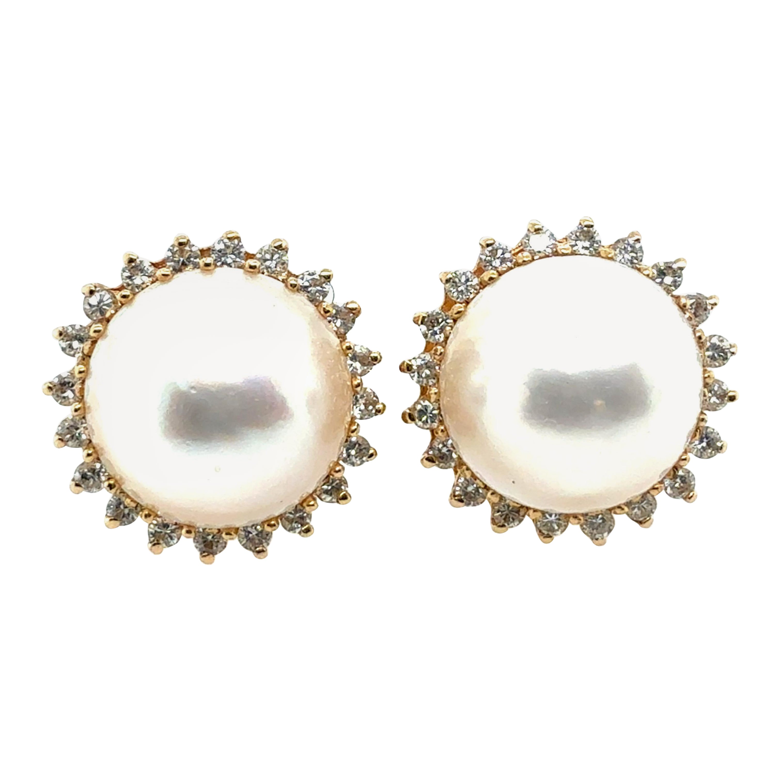 Boucles d
oreilles rétro en or jaune 14K Mabe 1.2 carat diamant naturel et perle en vente